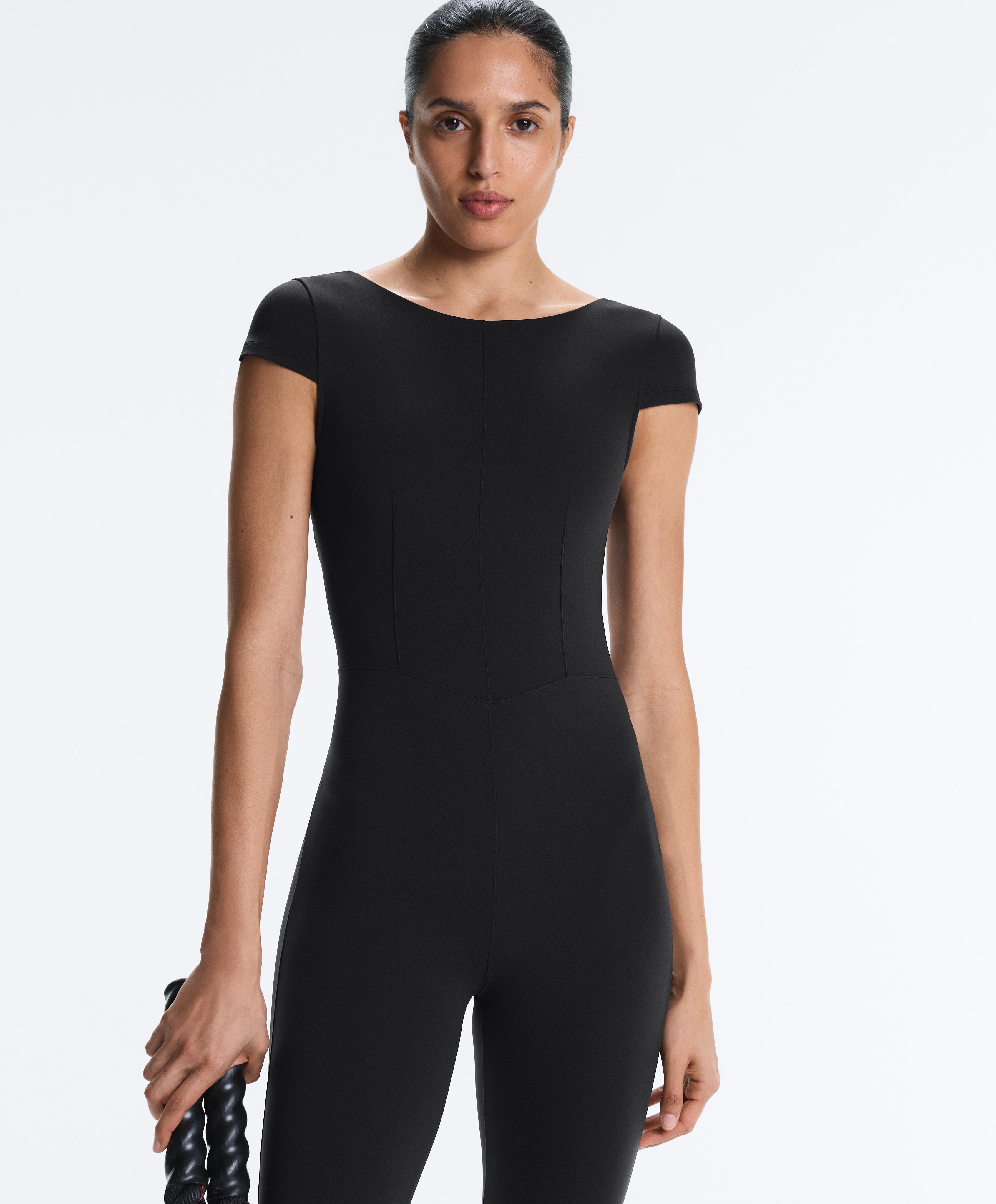 Long Compressive short sleeve jumpsuit — BLACK