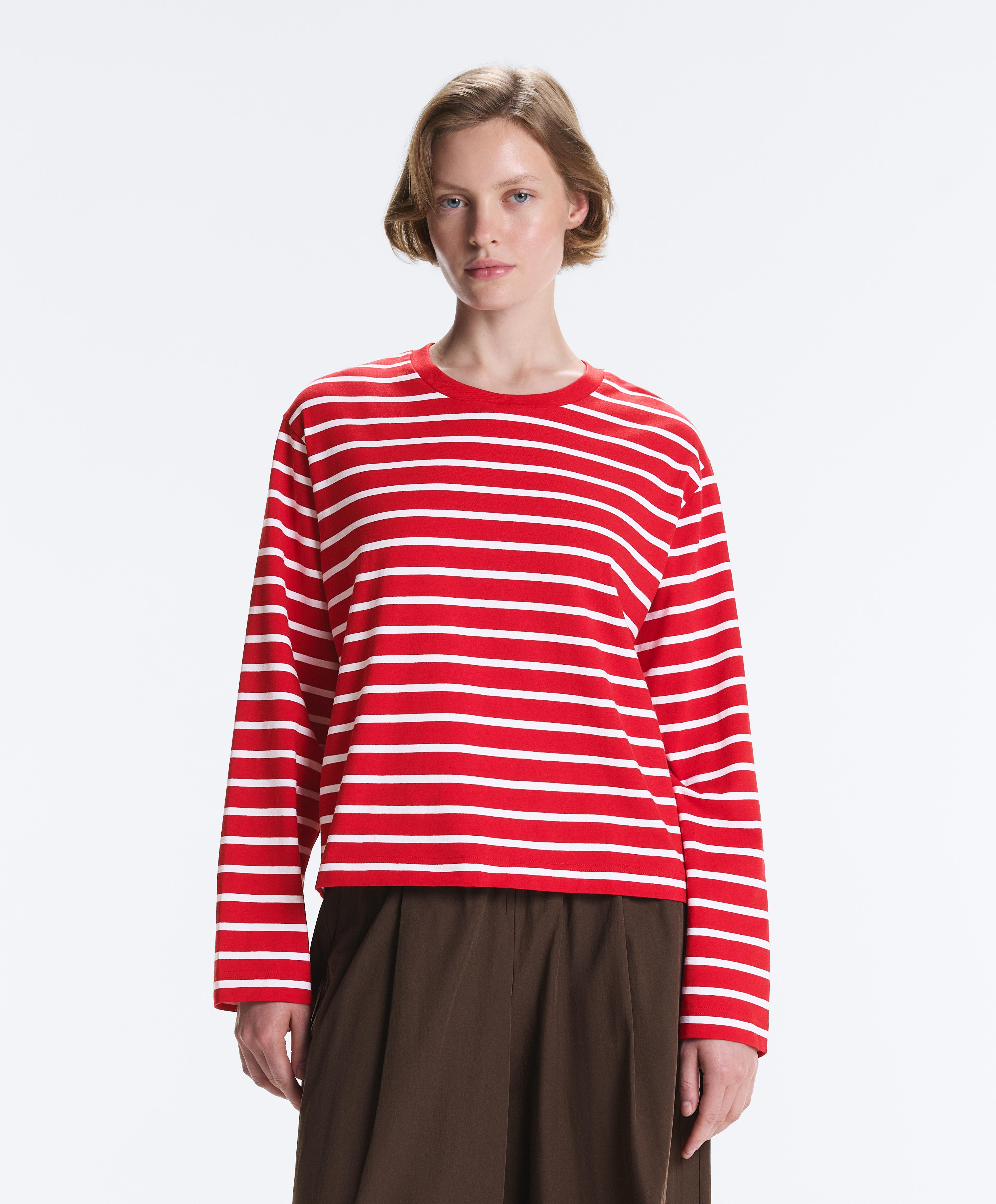 Boxy long-sleeved striped cotton-blend T-shirt — RED