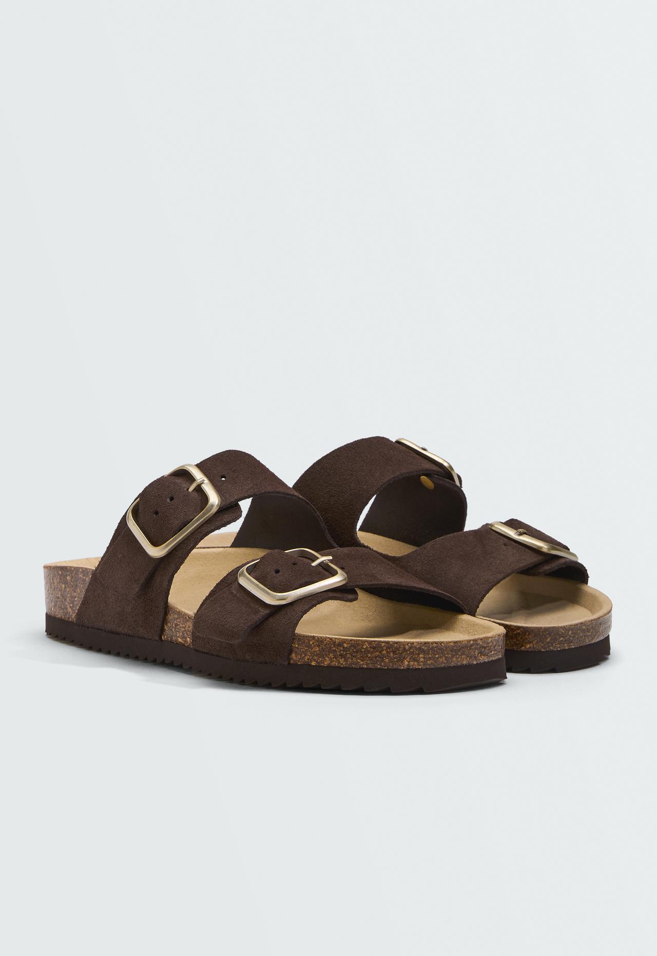 Buckle split-leather slides — BROWN