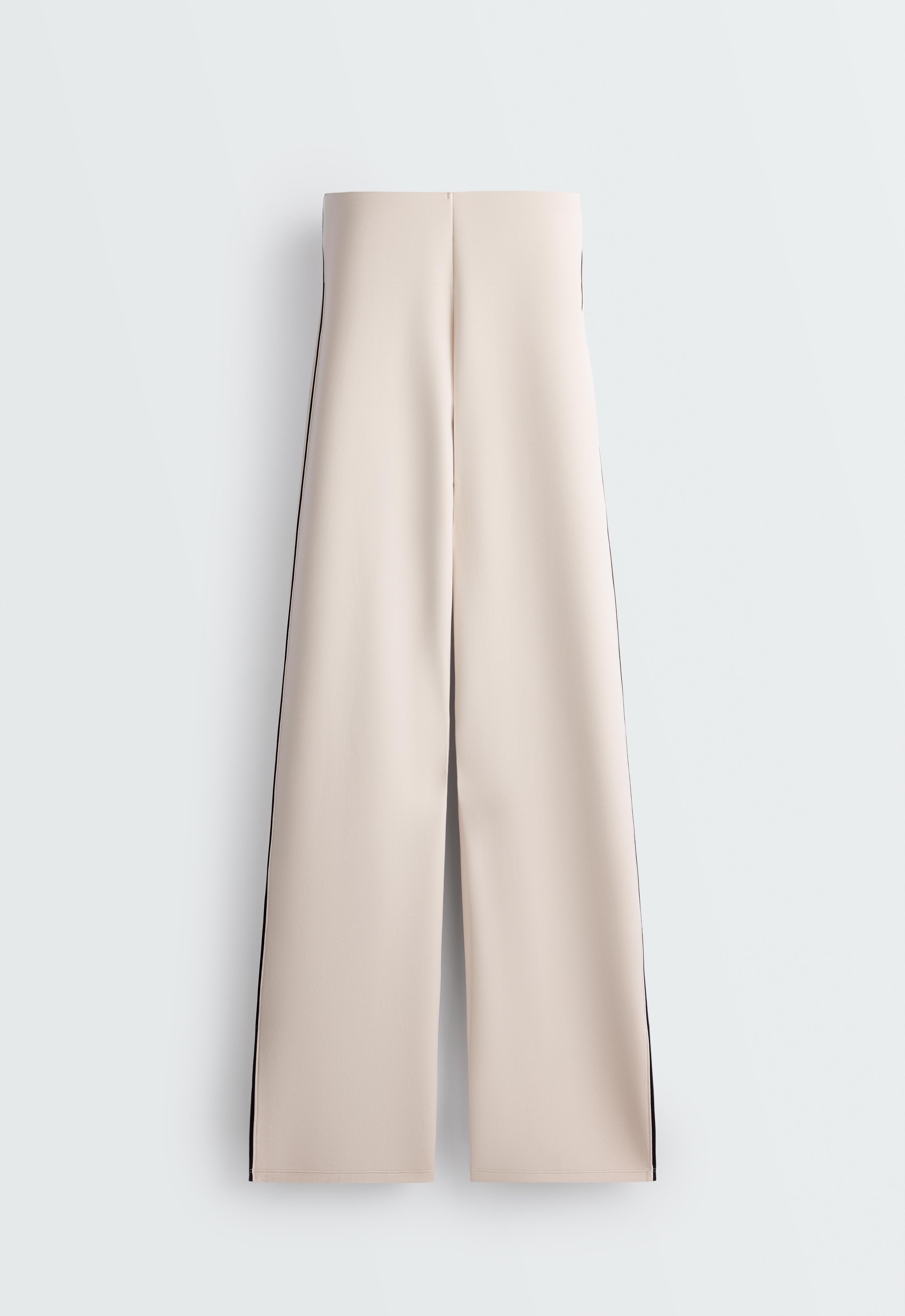 High-waist straight-leg neoprene-effect piping trousers — OATMEAL