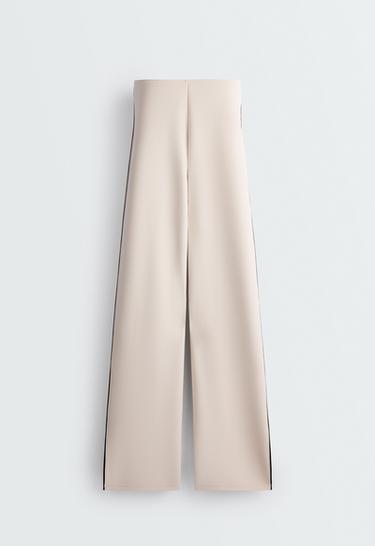 High-waist straight-leg neoprene-effect piping trousers — OATMEAL 6
