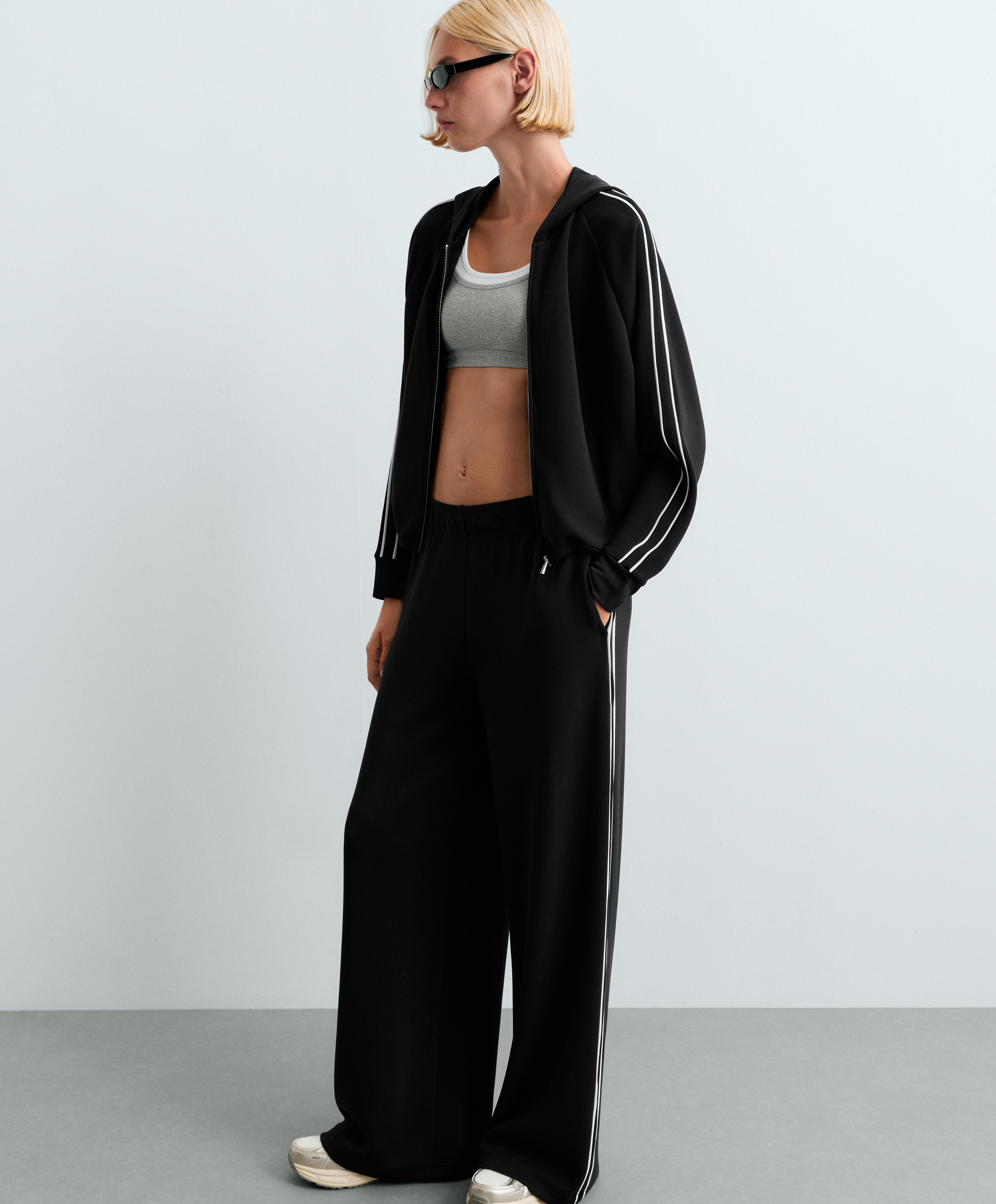 Wide-leg modal piping trousers — BLACK
