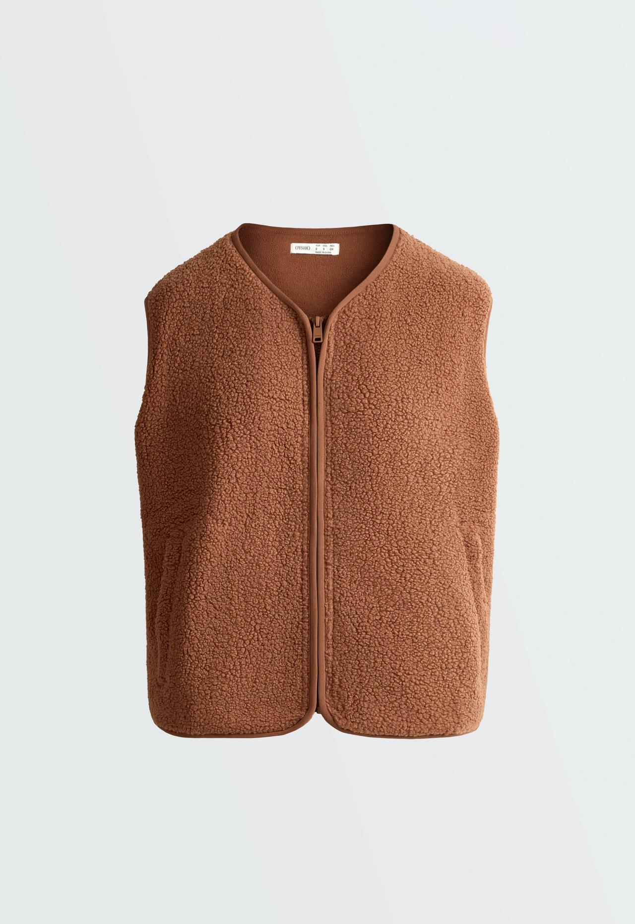Faux-shearling gilet with zip — DARK CAMEL