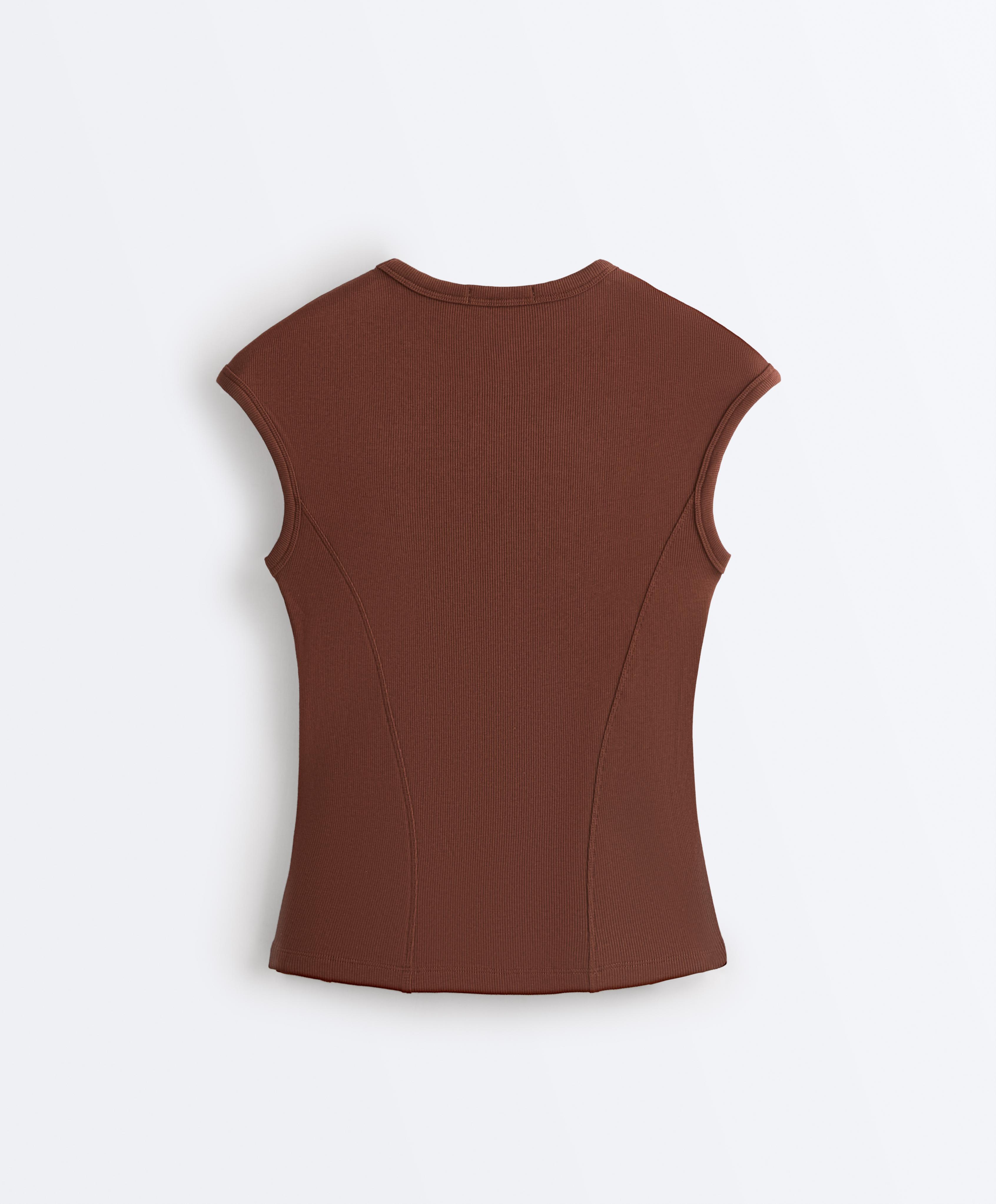 Short-sleeved rib top with cotton and modal — COFFEE