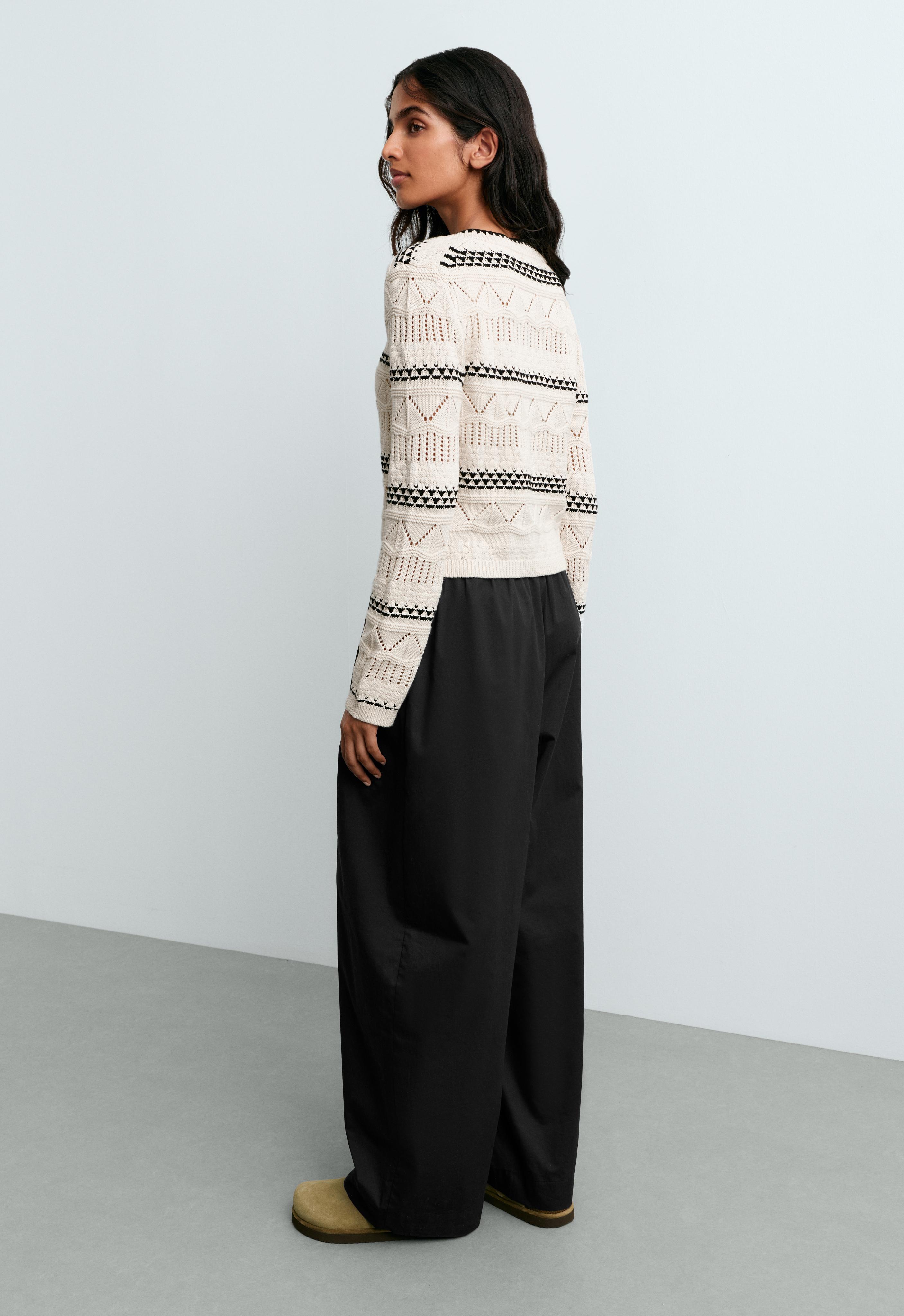100% cotton contrast open-knit cardigan — PALE ECRU