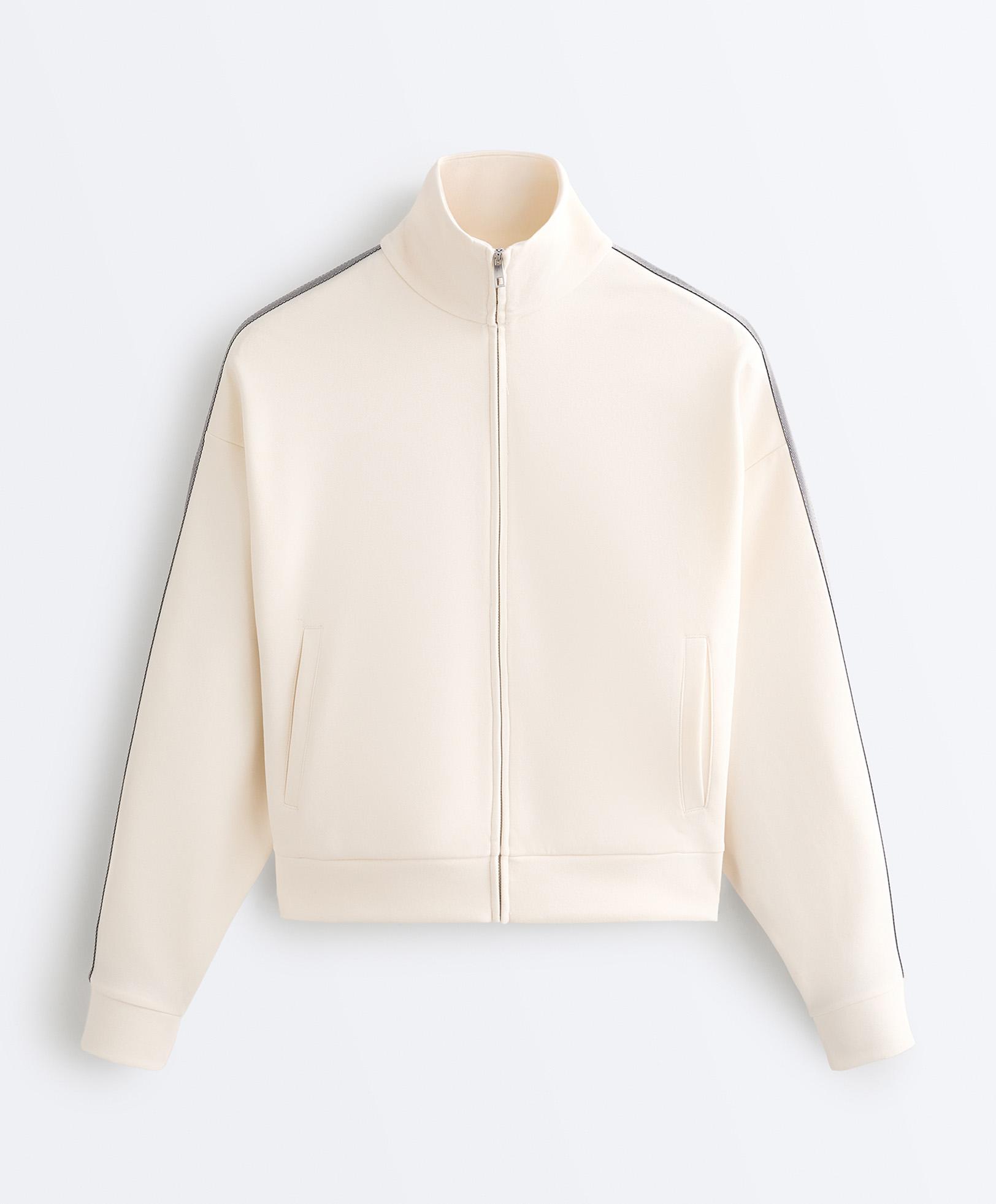 Herringbone side tape piqué cotton jacket — PALE ECRU