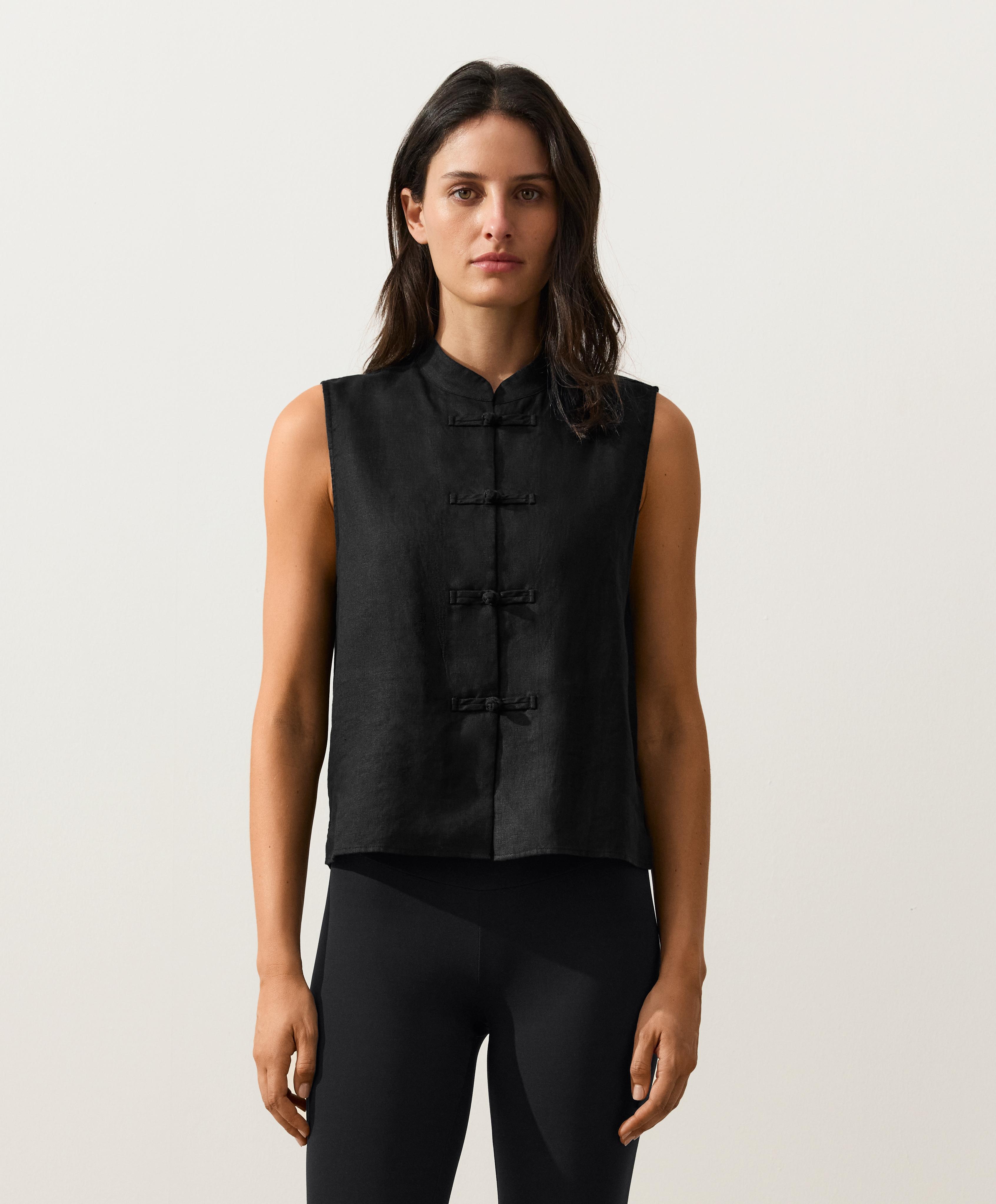 100% linen sleeveless stand-up collar shirt — BLACK