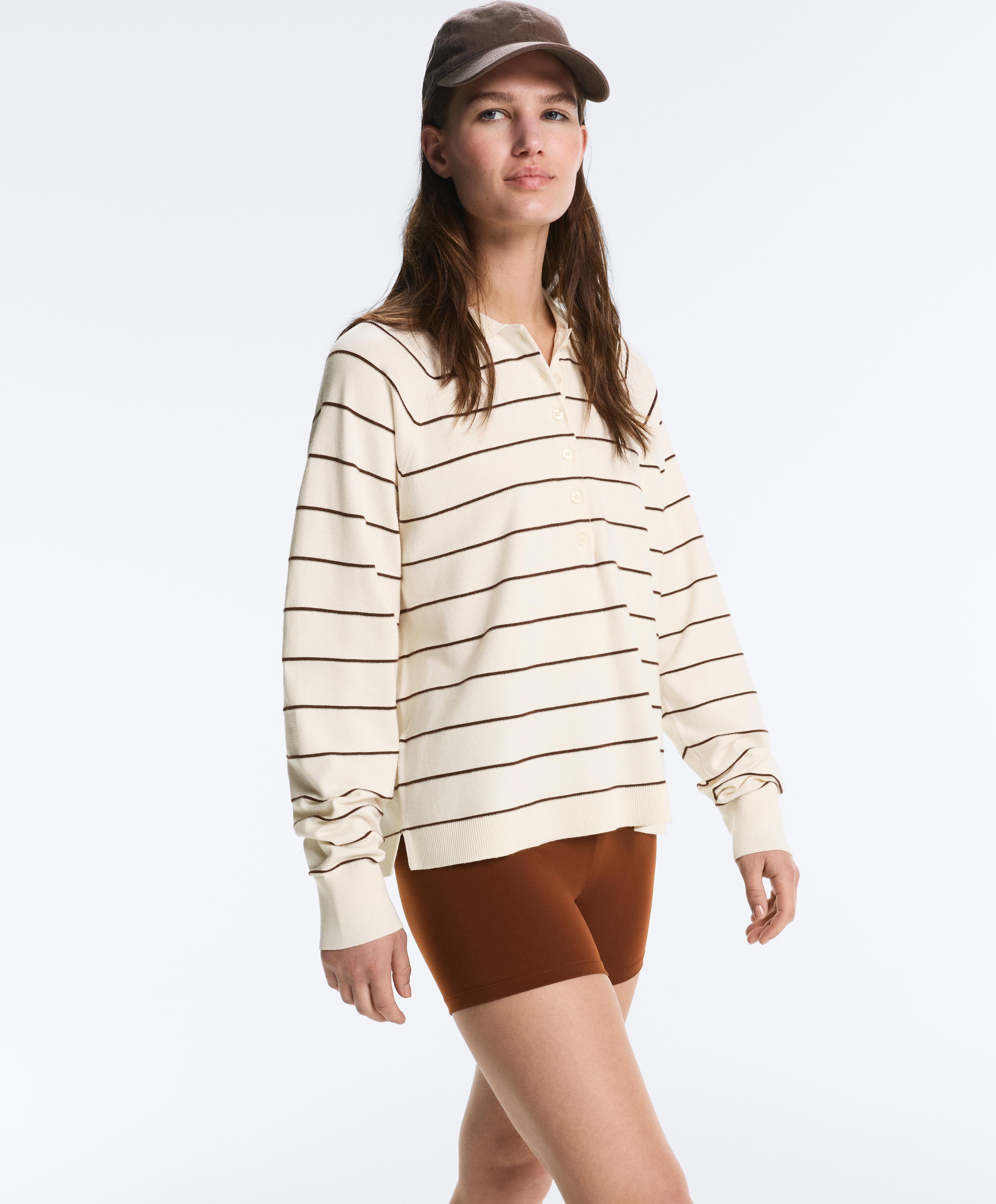 Striped long-sleeve polo shirt — PALE ECRU