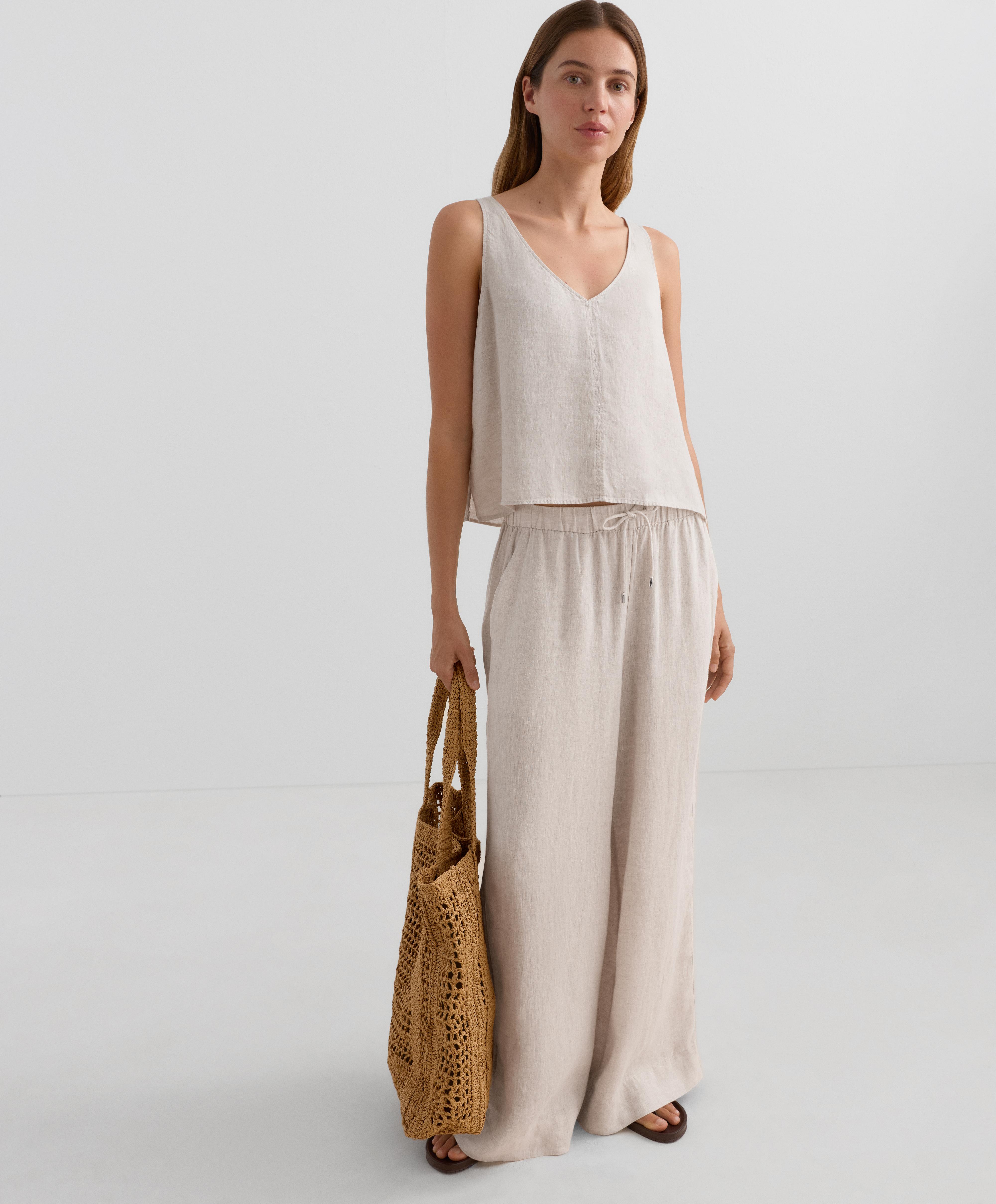 100% linen V-neck strap top — SAND MELANGE