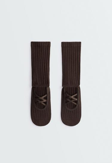 Long padded Classic yoga and Pilates sock, cotton blend with double straps — CHOCOLATE       1