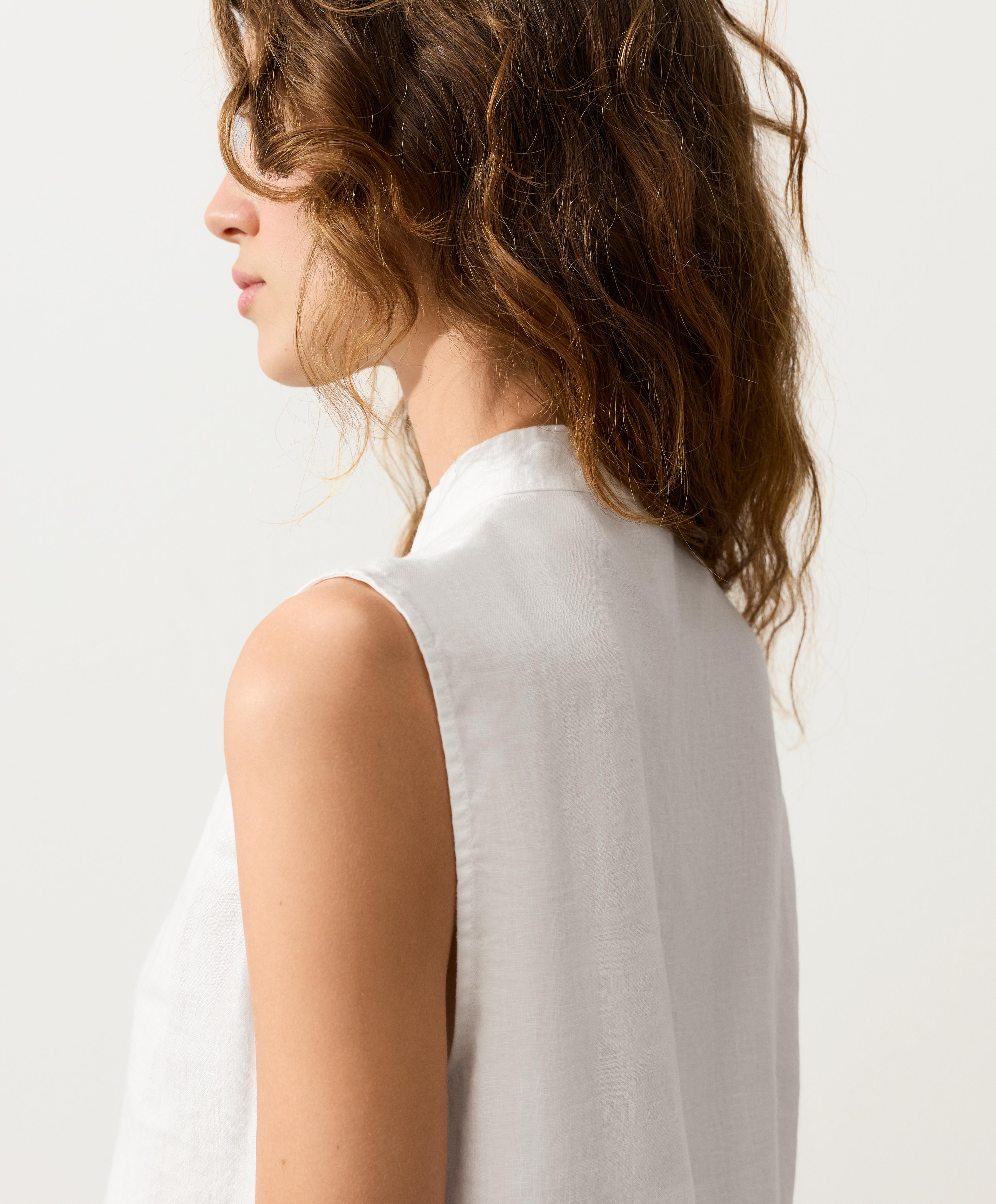 100% linen sleeveless stand-up collar shirt — WHITE