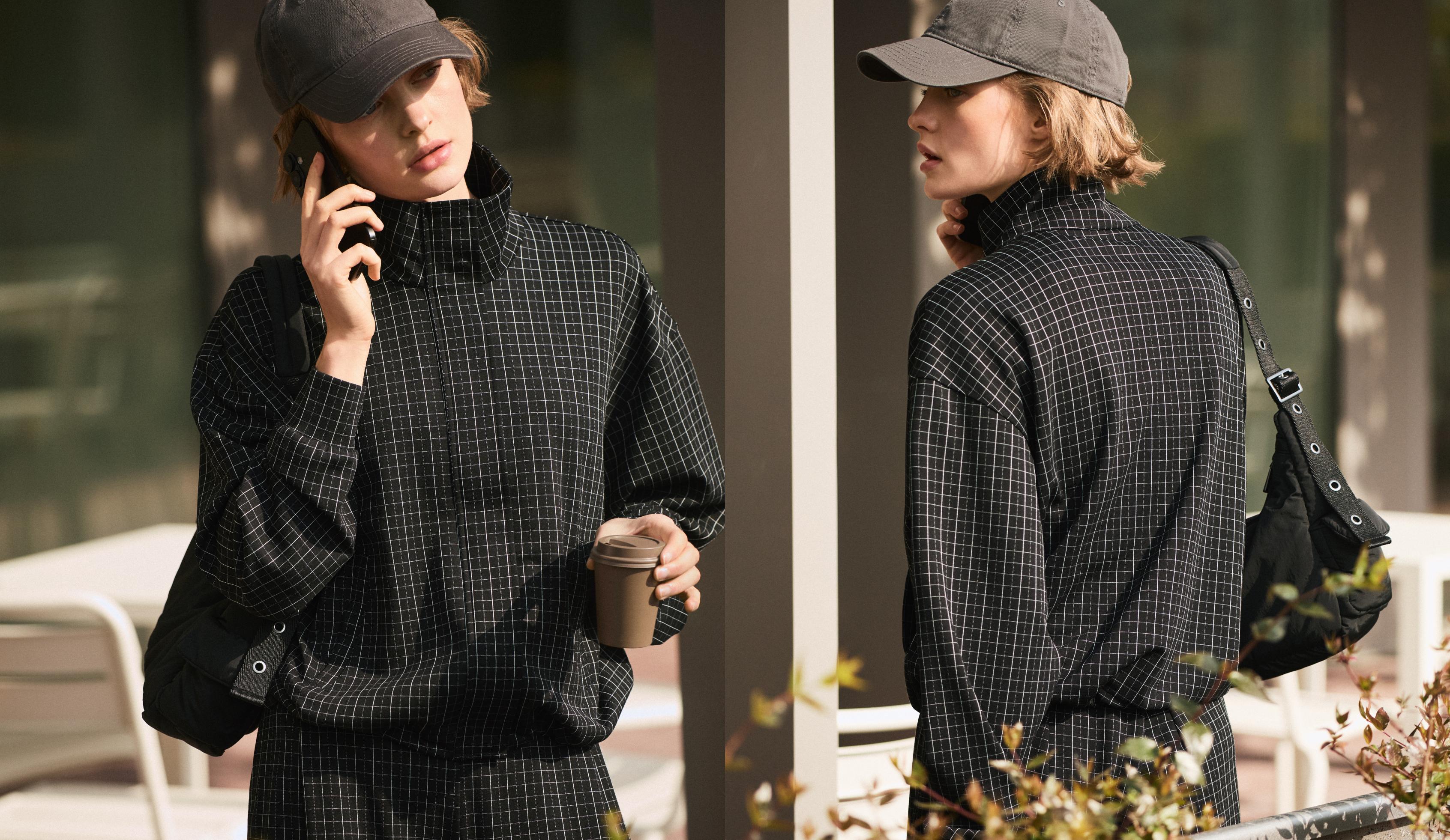 Check high neck jacket — BLACK