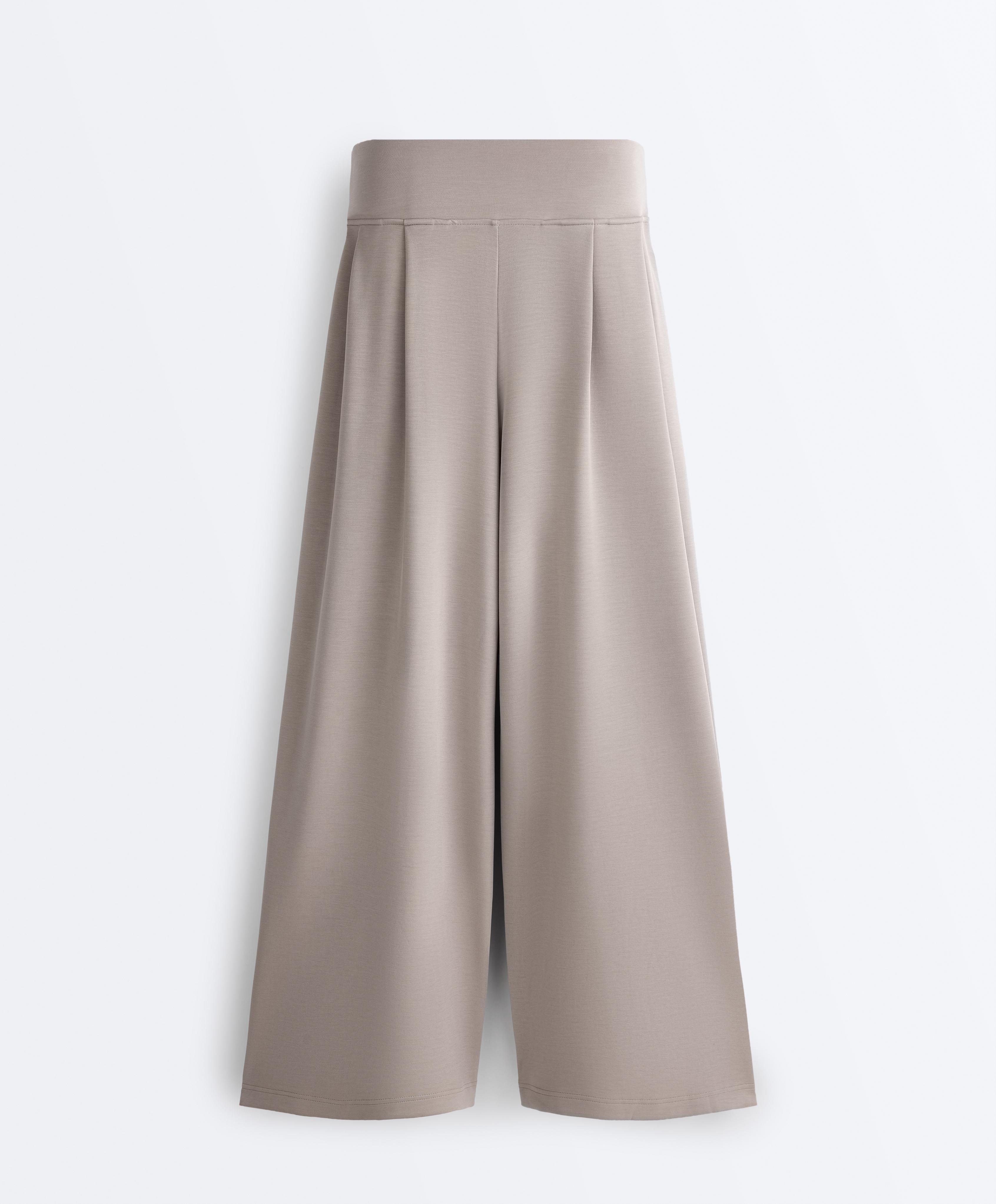 Soft-touch modal wide-leg trousers with corset detail — PALE TAUPE