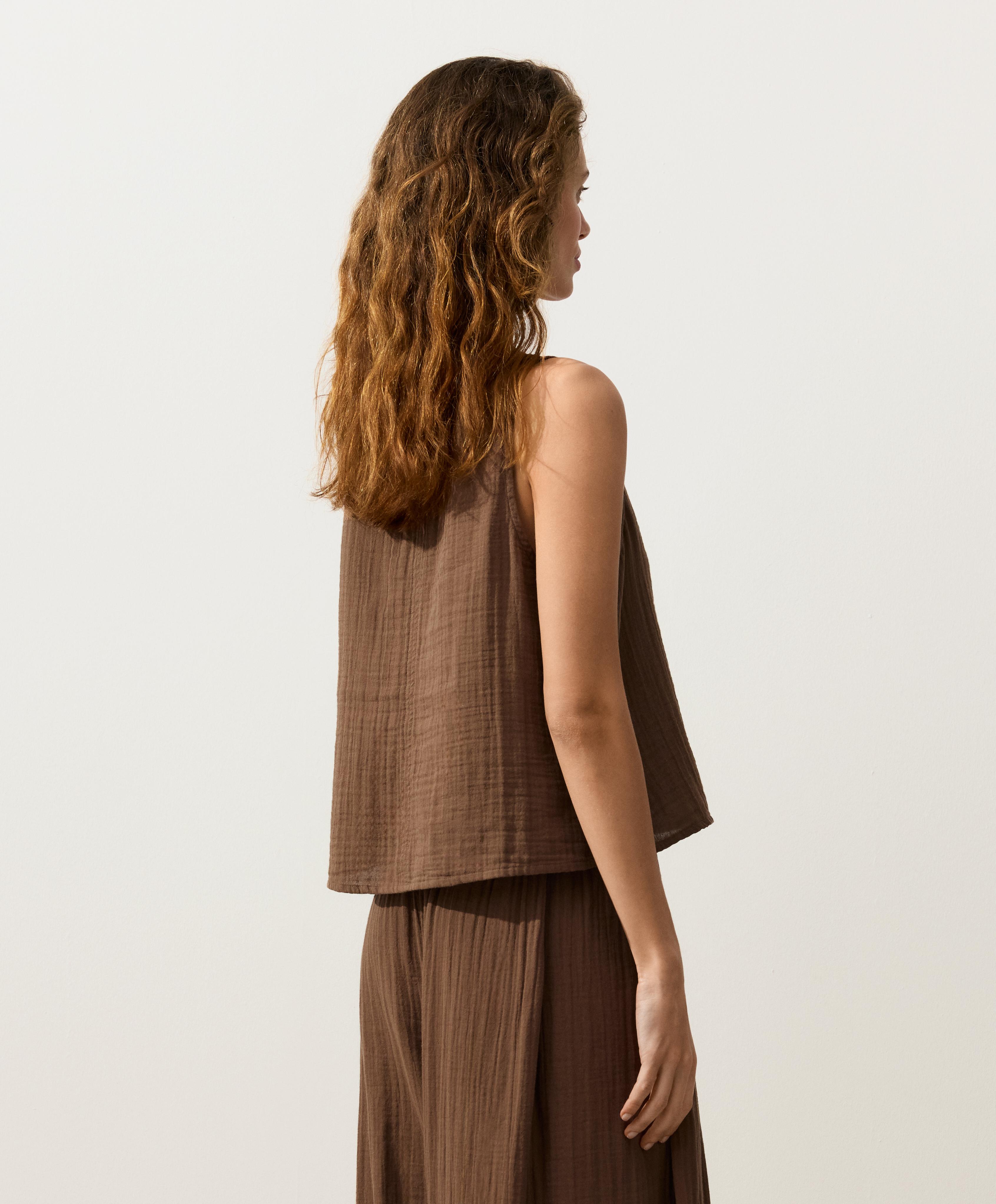 100% cotton gauze V-neck strappy top — TAN