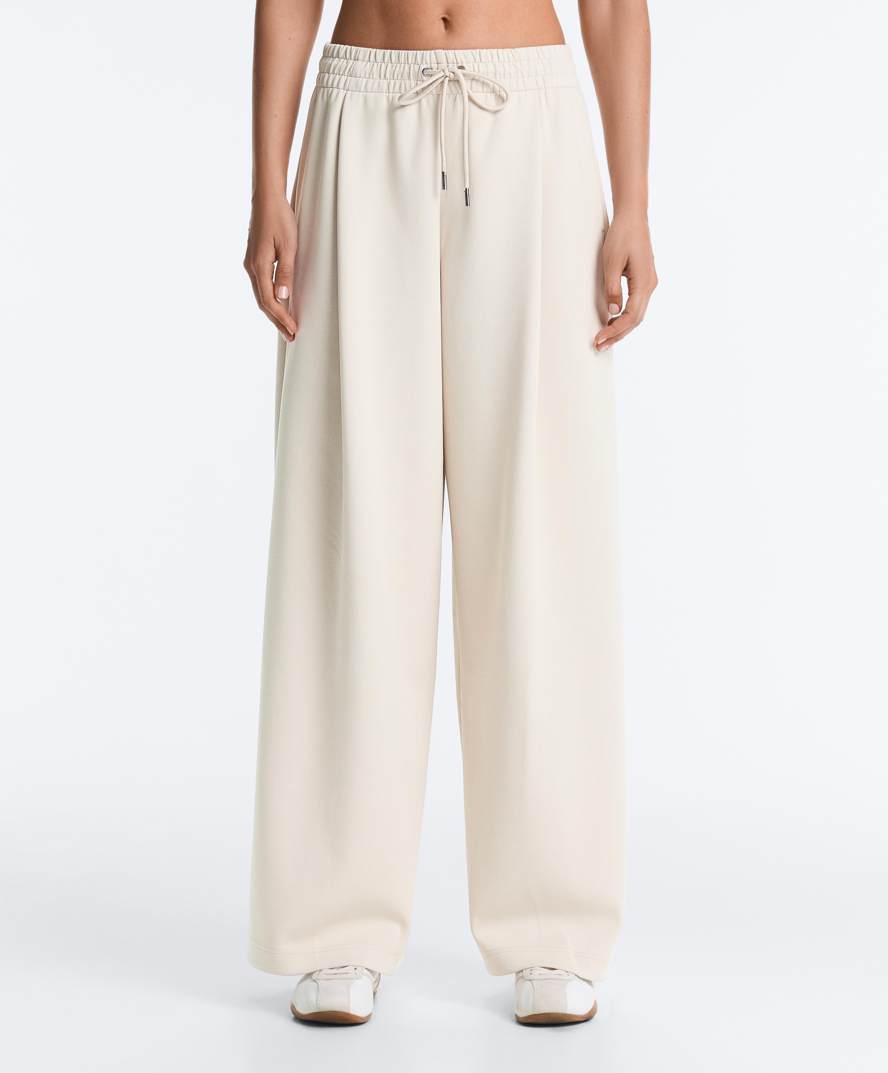 Wide-leg piqué pleat trousers with cotton — PALE MINK