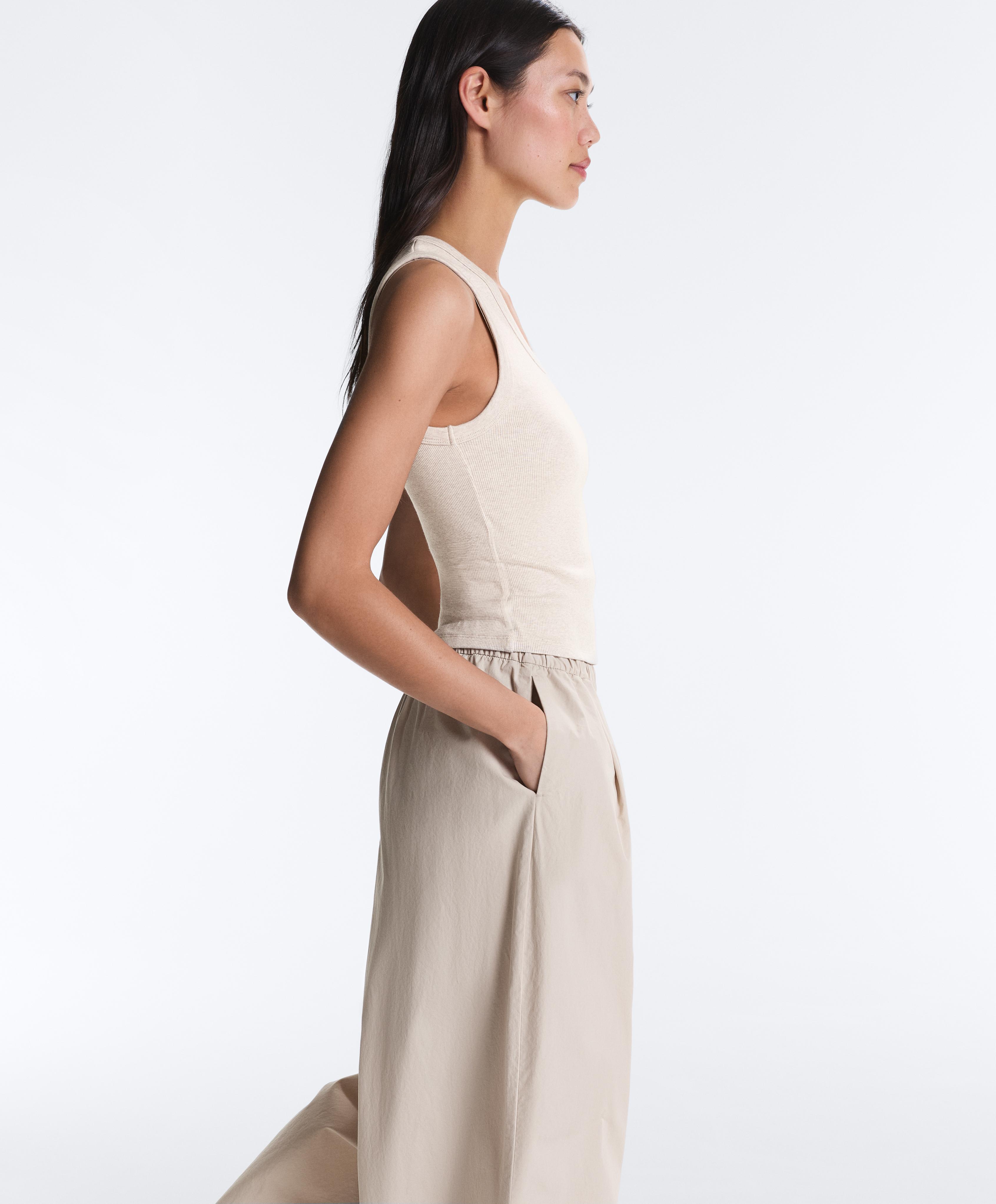 Rib T-shirt with wide straps, cotton and modal — SAND MELANGE