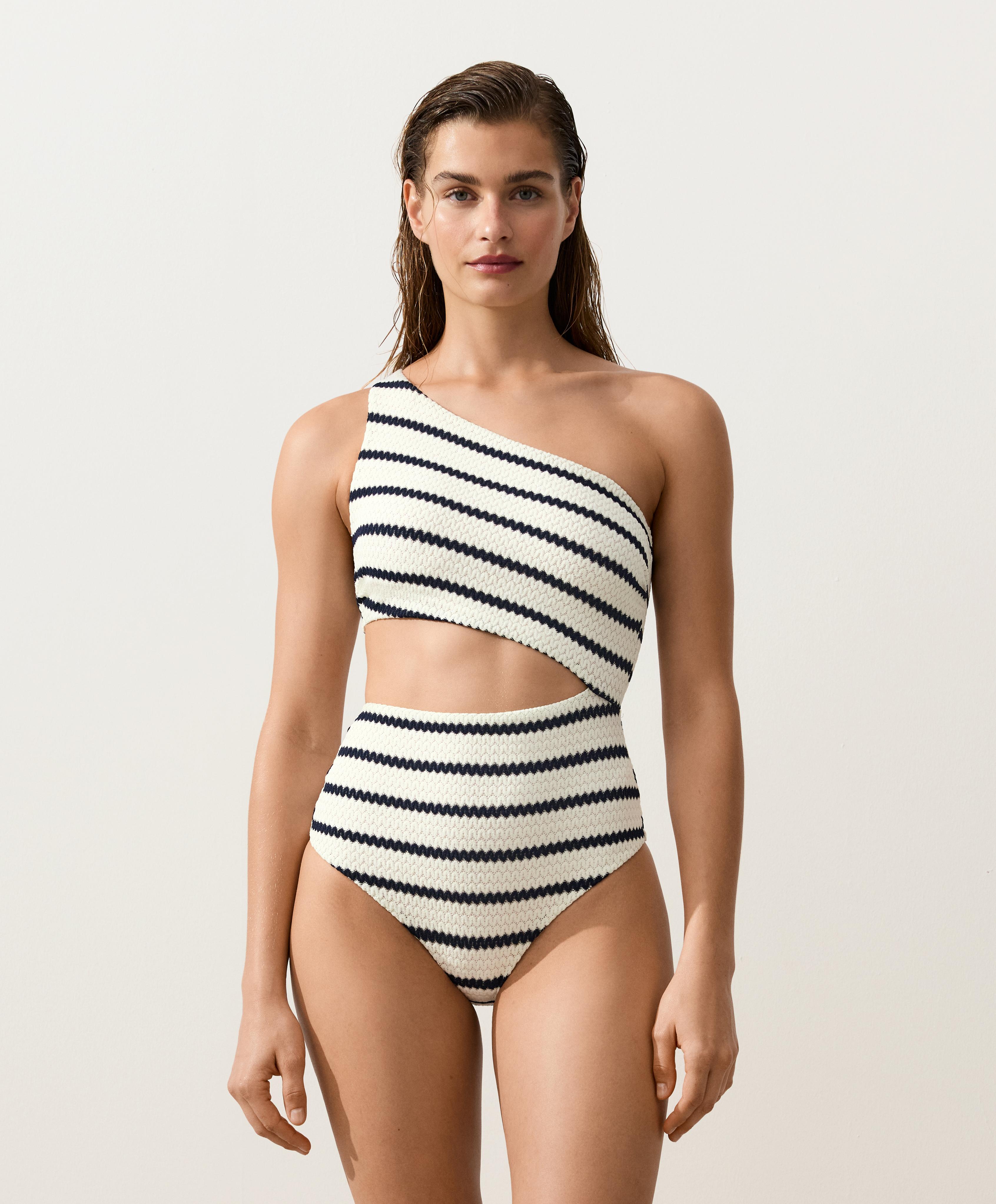 Crochet stripe asymmetric trikini — PALE ECRU