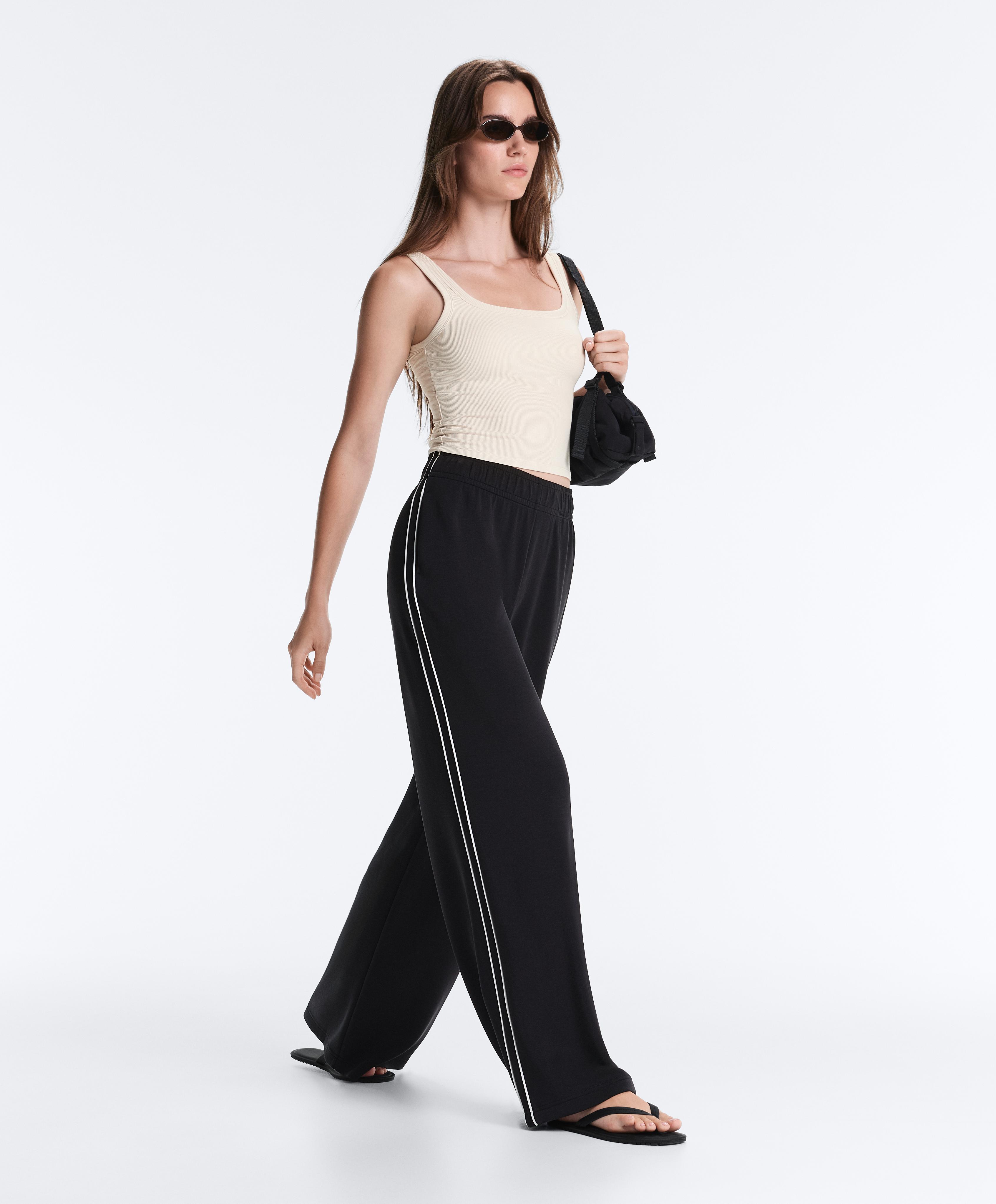 Wide-leg modal piping trousers — BLACK