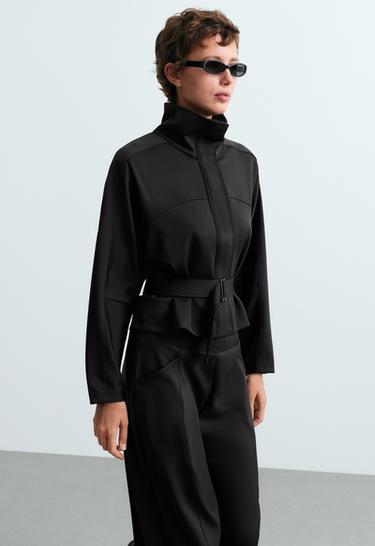 Cropped neoprene-effect jacket with belt — BLACK 3
