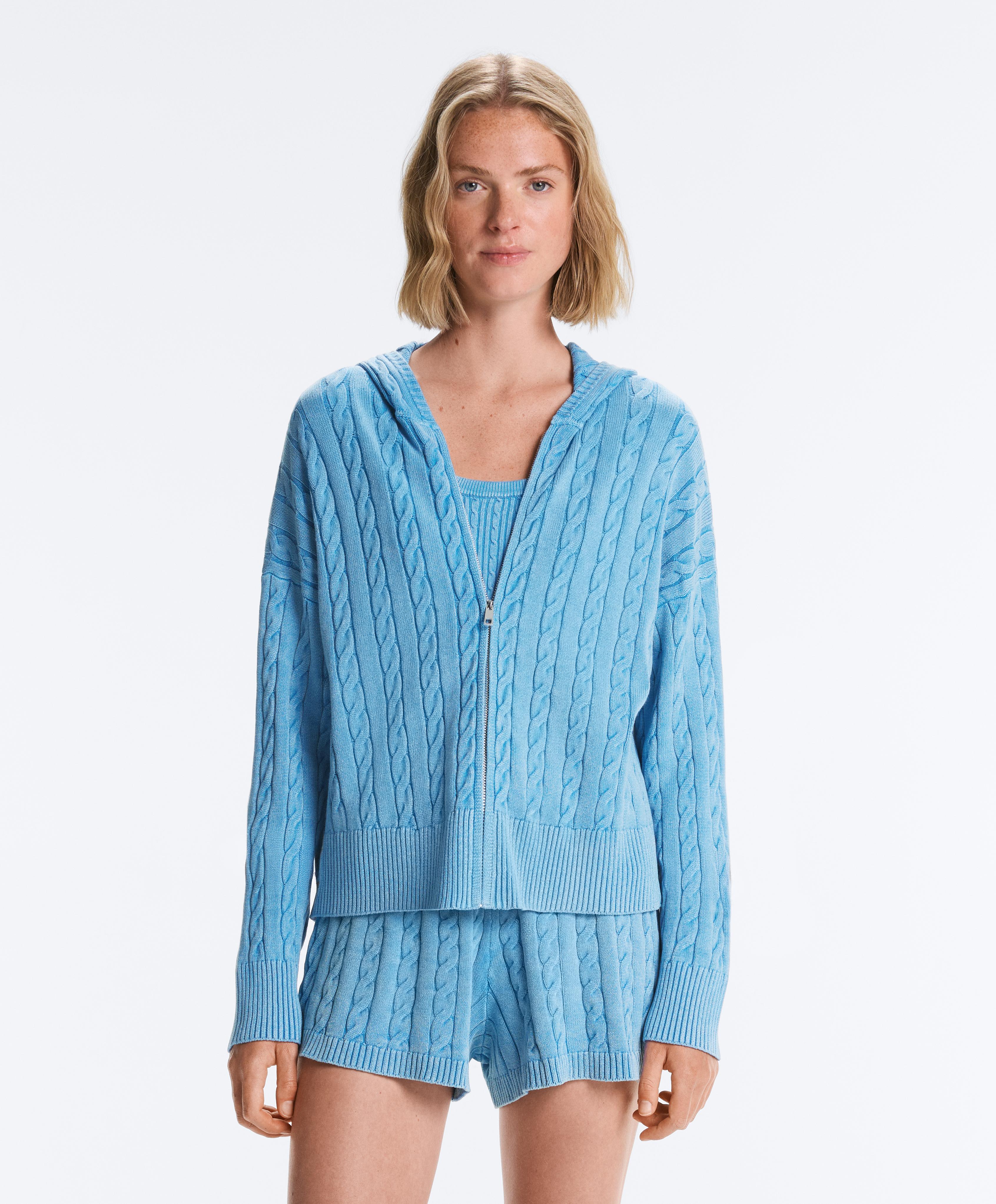 Washed cable knit hooded jacket — WASHED SKY BLUE