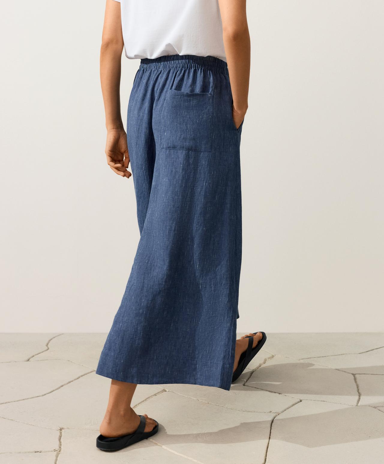 100% linen super wide-leg cropped trousers — BLUE MELANGE