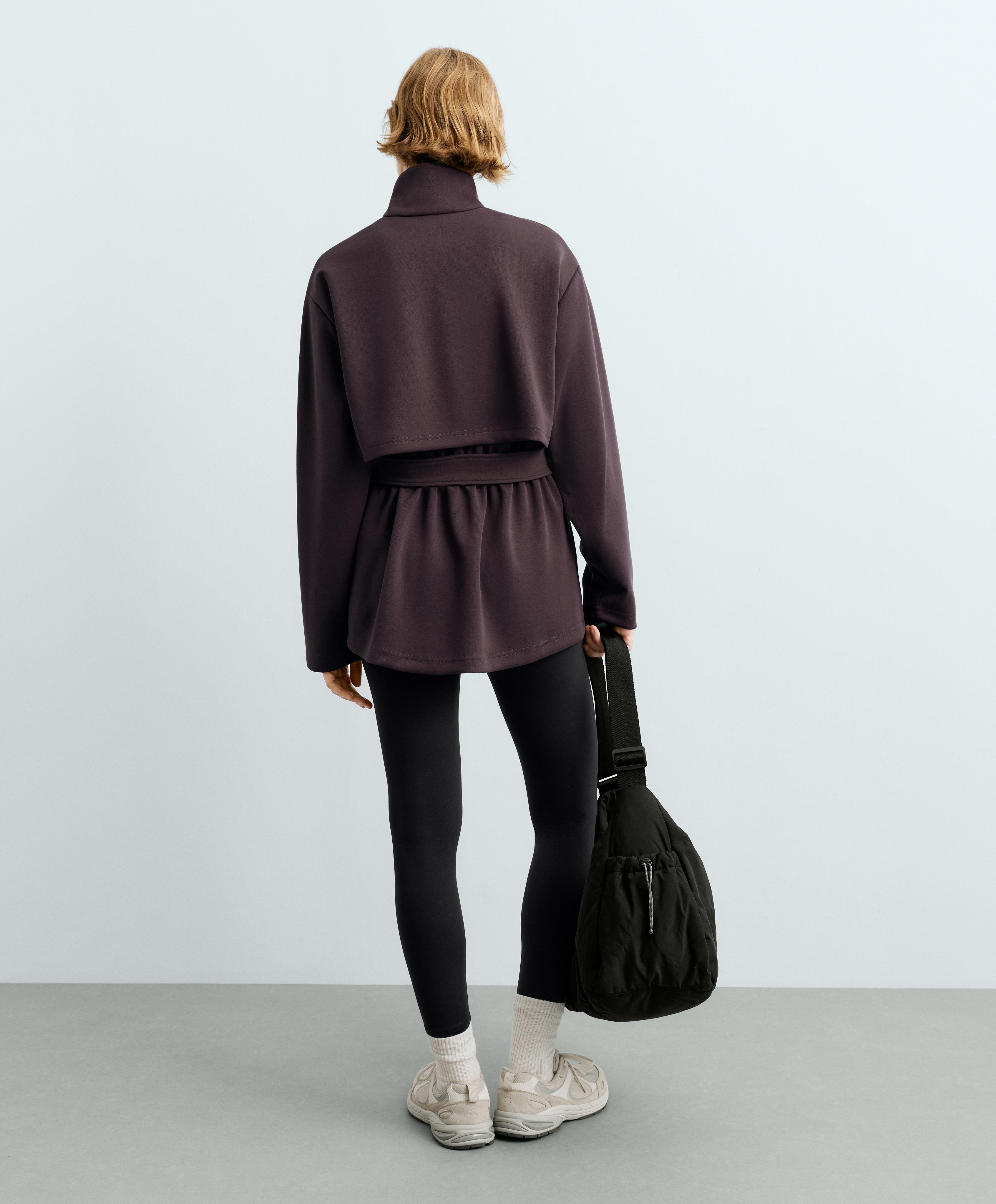 Long piqué jacket with belt — Purplish brown