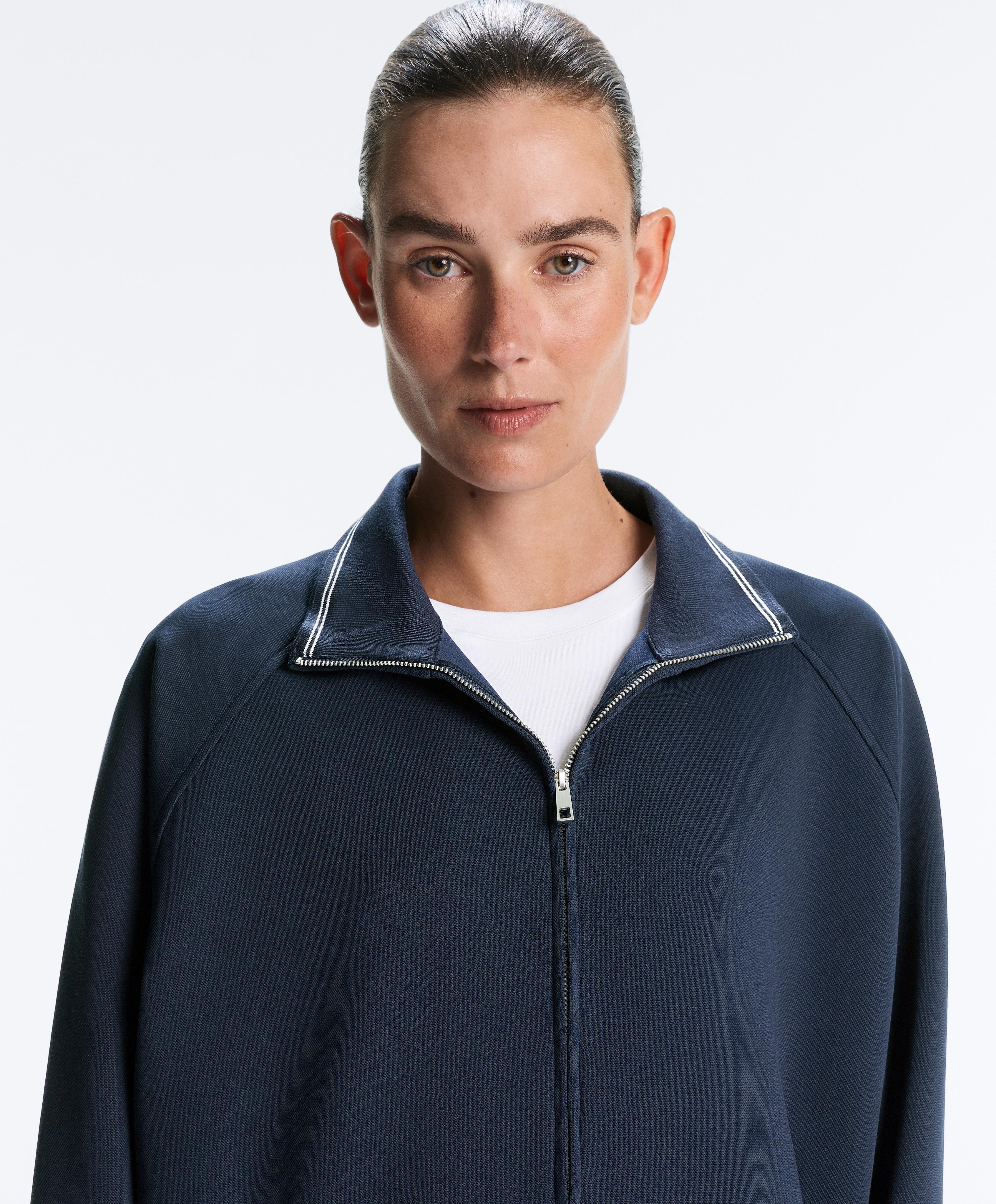 Long piqué jacket with contrast cotton piping — NAVY BLUE