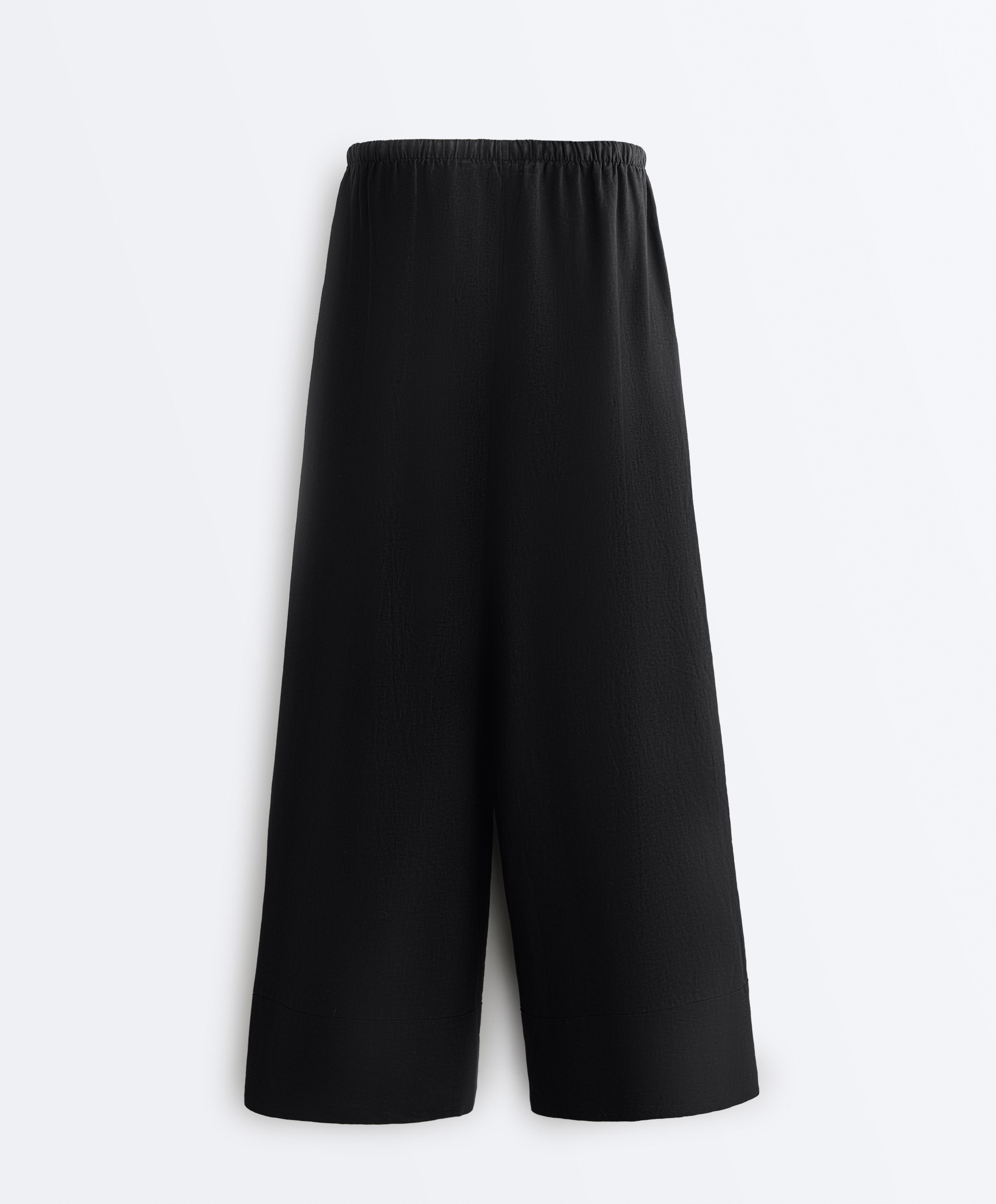 100% linen straight-leg trousers — BLACK