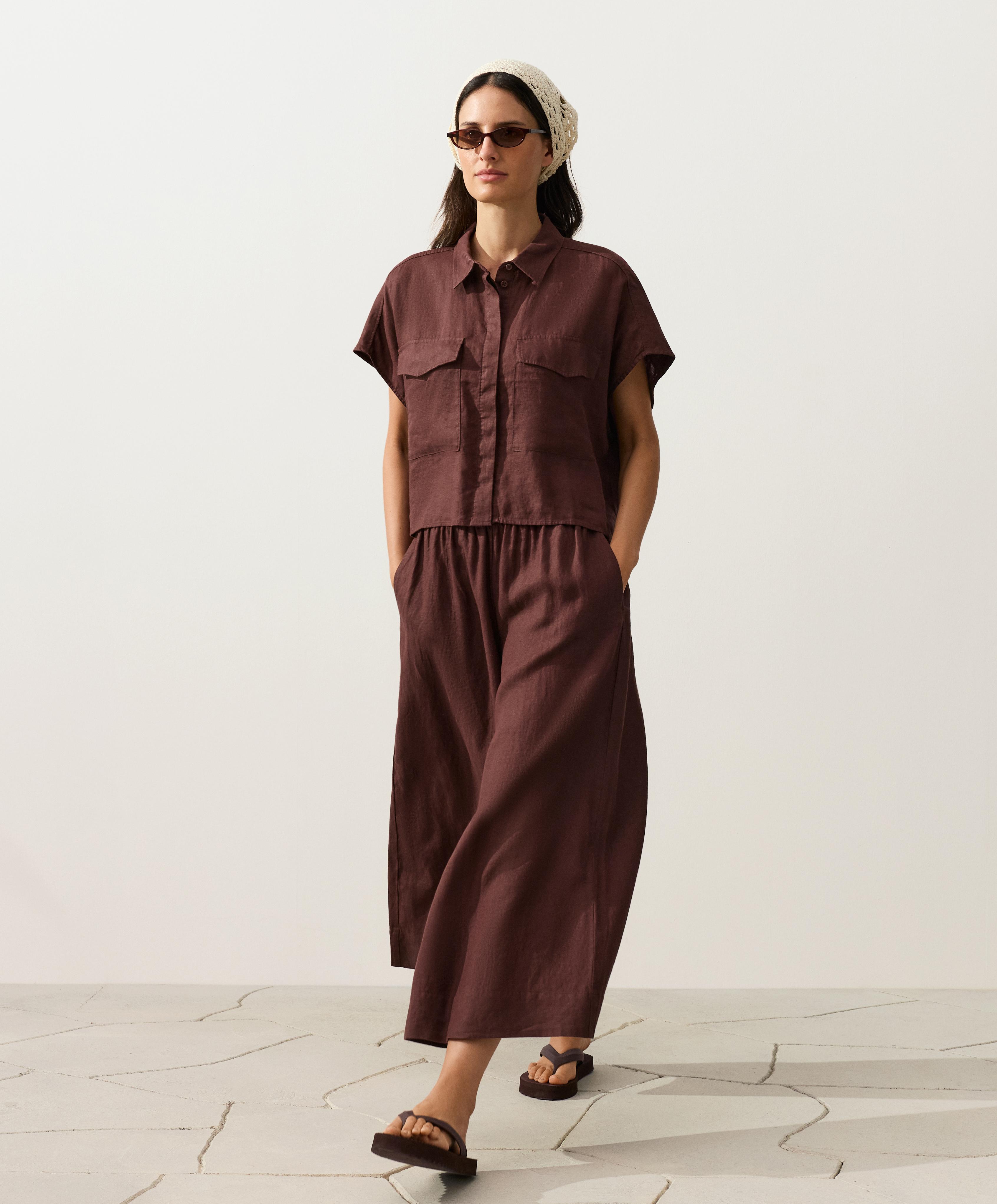 100% linen super wide-leg cropped trousers — CHOCOLATE