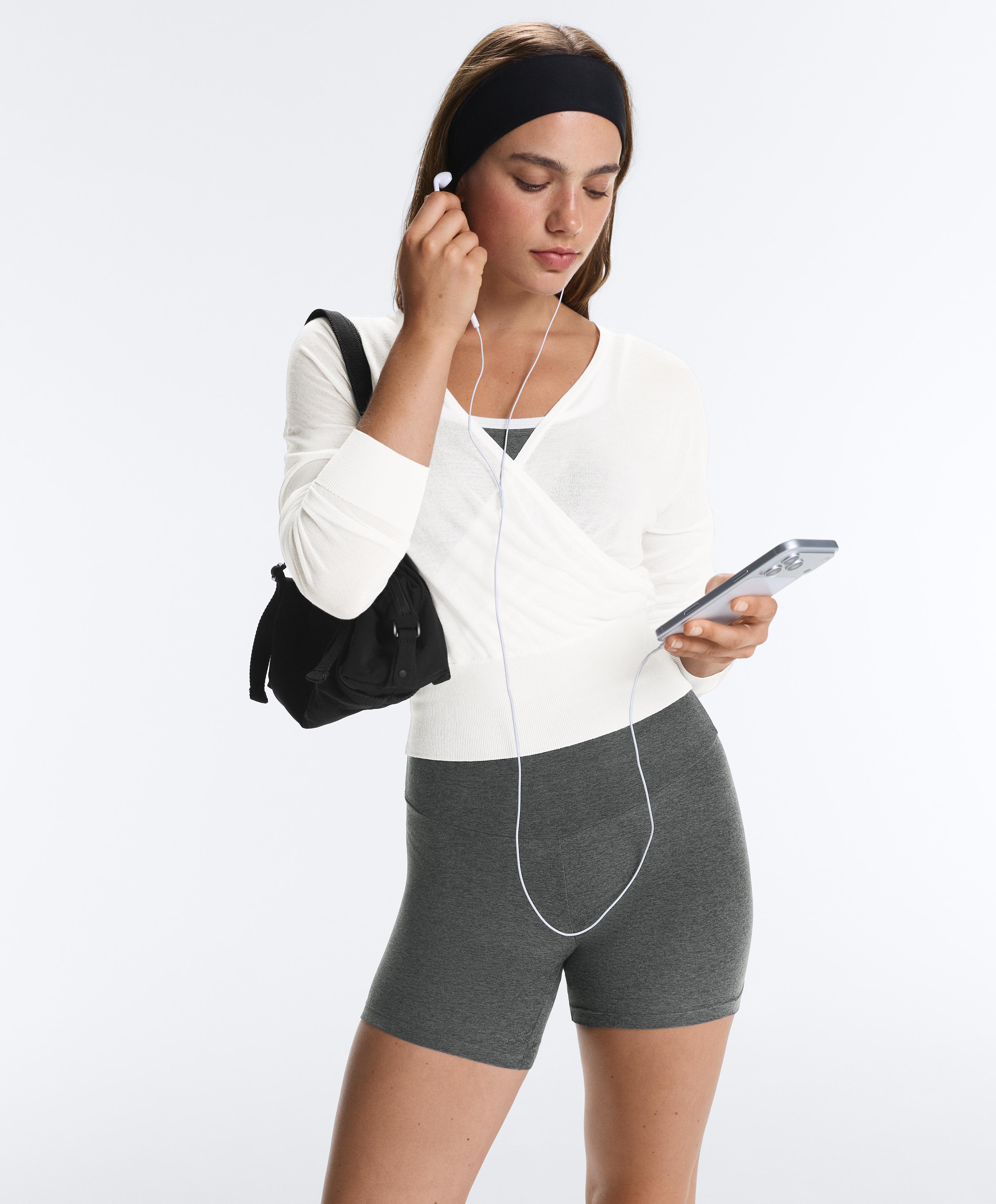 Lyocell blend sheer cross-over long sleeve T-shirt — WHITE