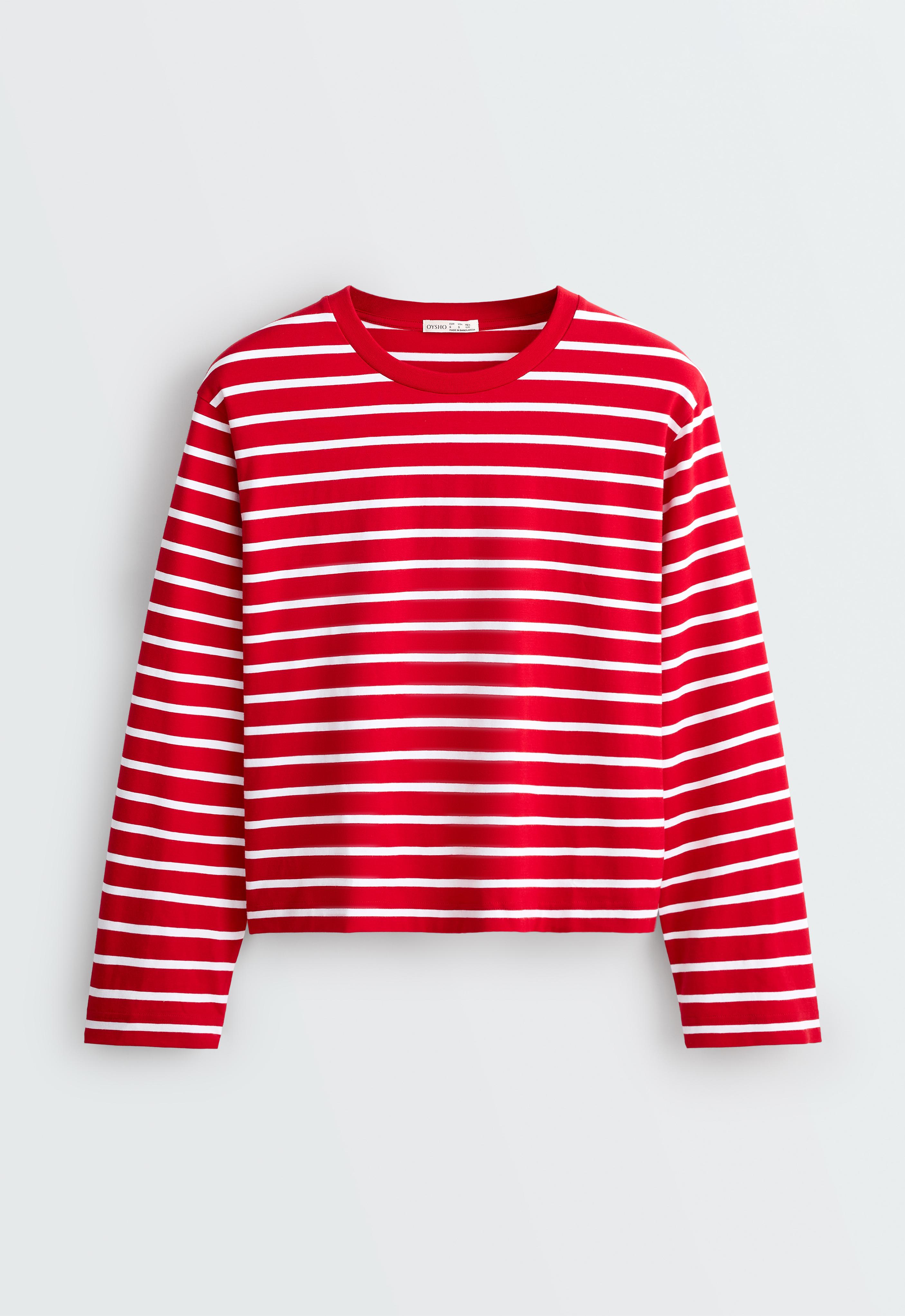Boxy long-sleeved striped cotton-blend T-shirt — RED