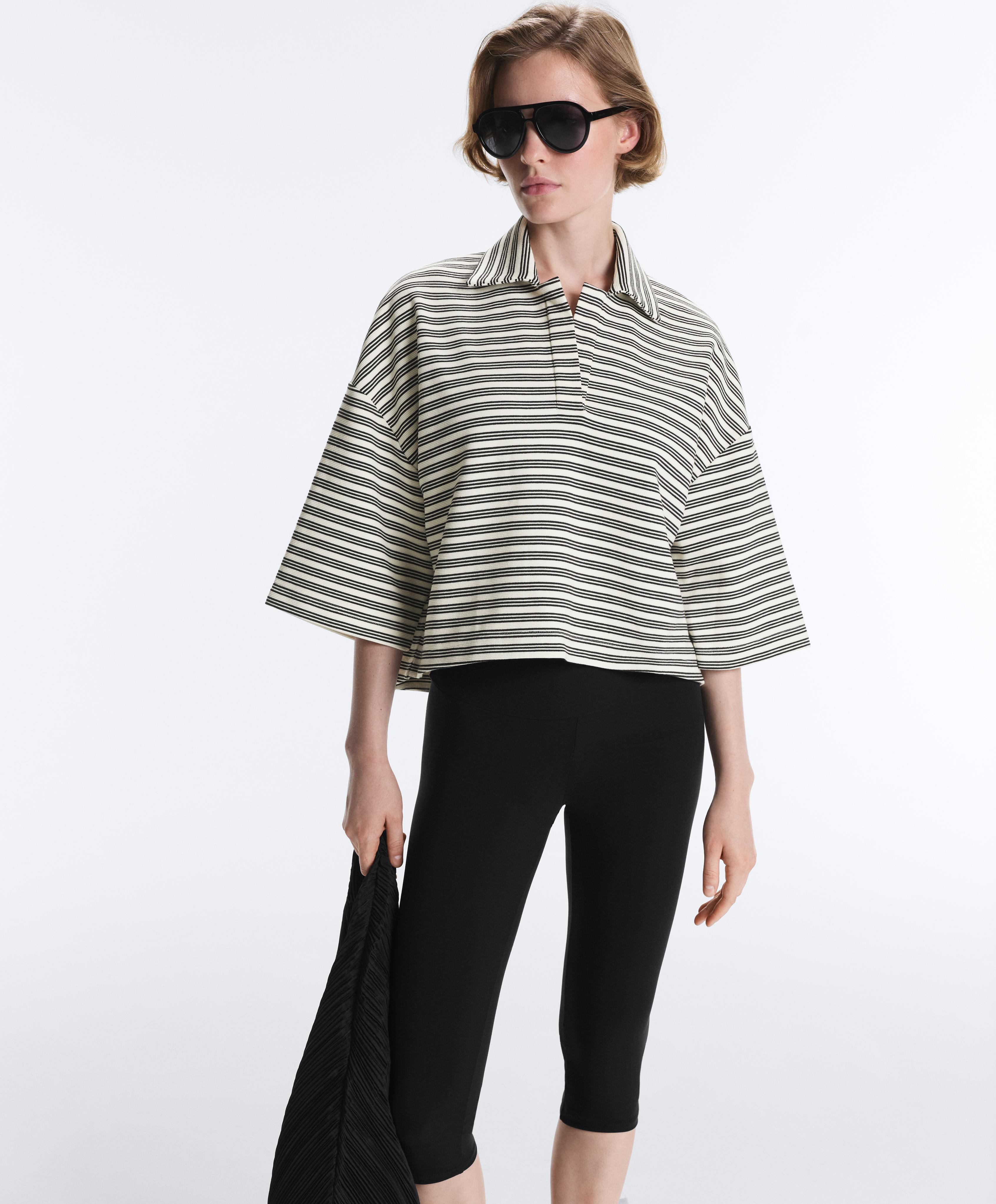 Relaxed striped cotton blend polo shirt — PALE ECRU