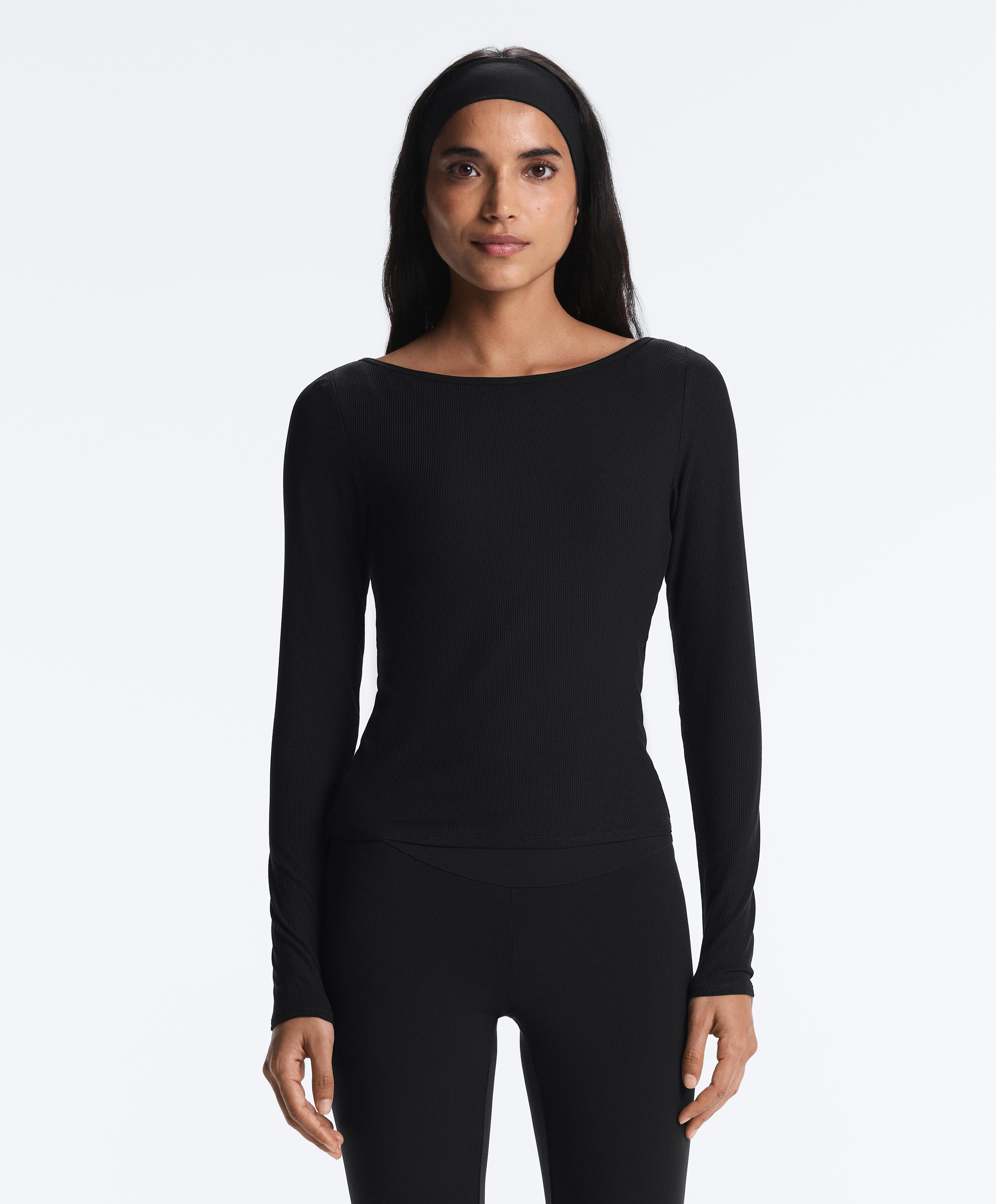 Rib modal blend boat neck T-shirt — BLACK