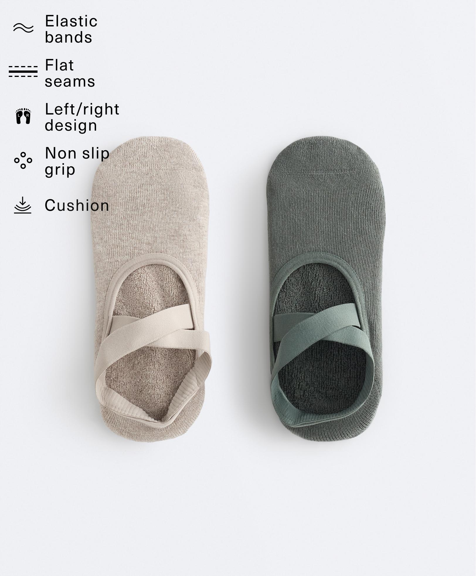 2 pairs of padded cotton blend yoga and Pilates socks with crossover straps — DARK GREEN
