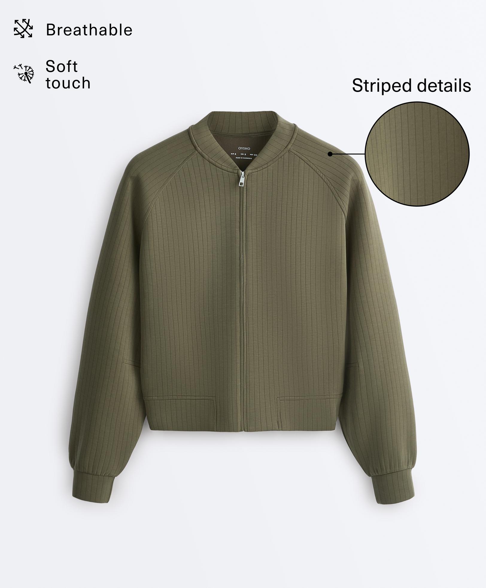 Striped bomber jacket with soft-touch modal — KHAKI