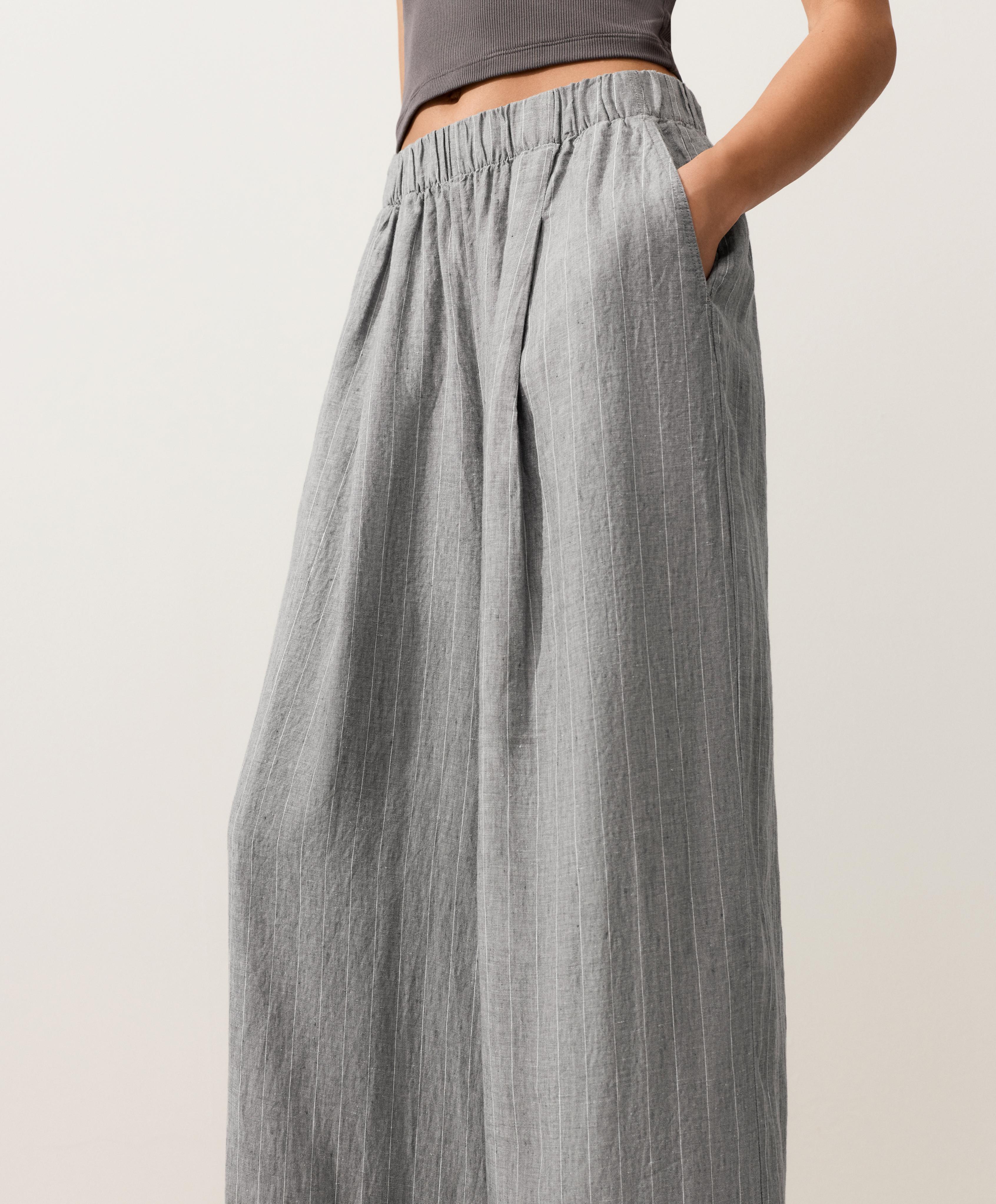 100% linen wide-leg striped trousers — MID GREY