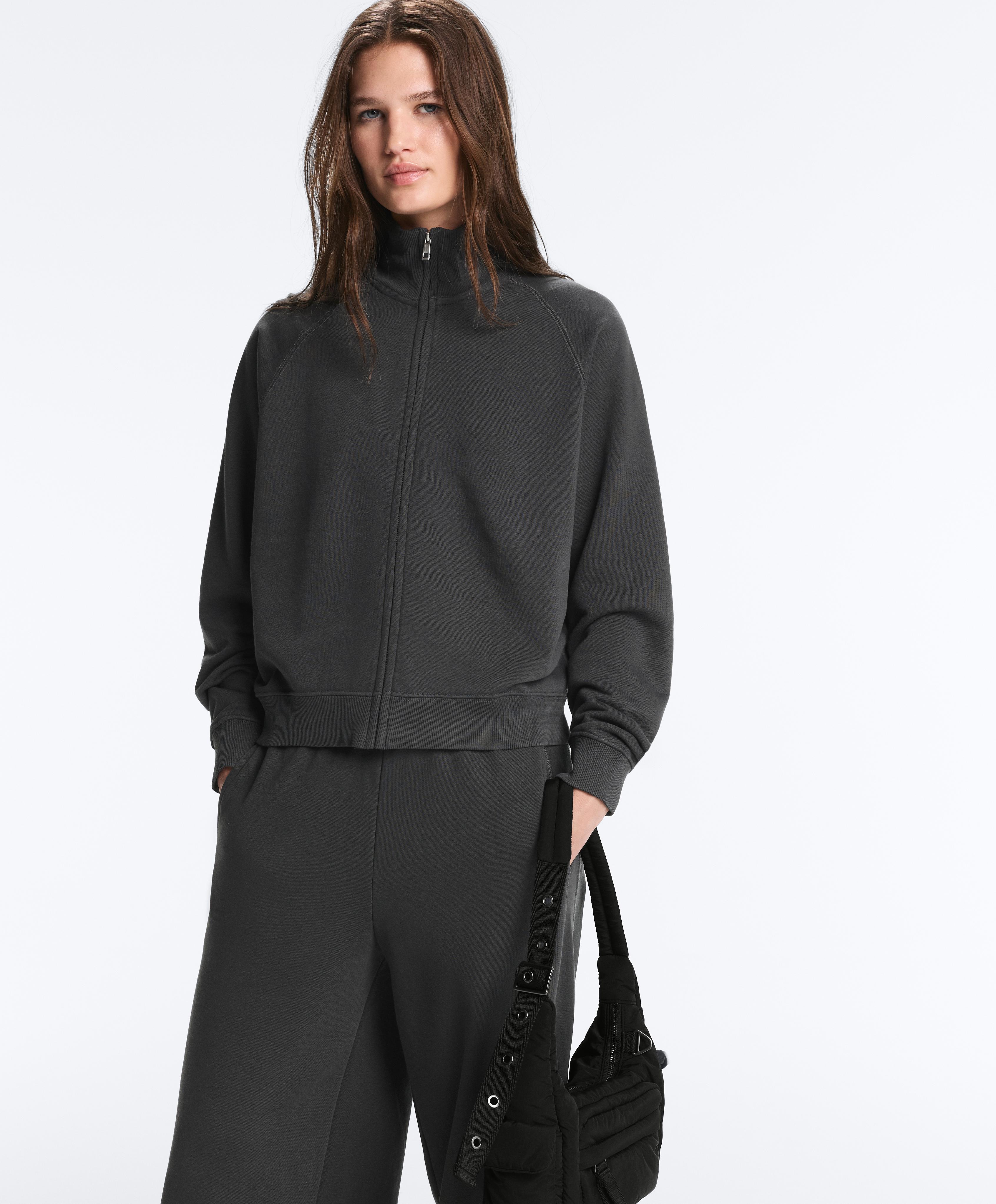 Cotton blend fleece high neck jacket — DARK ANTHRACITE
