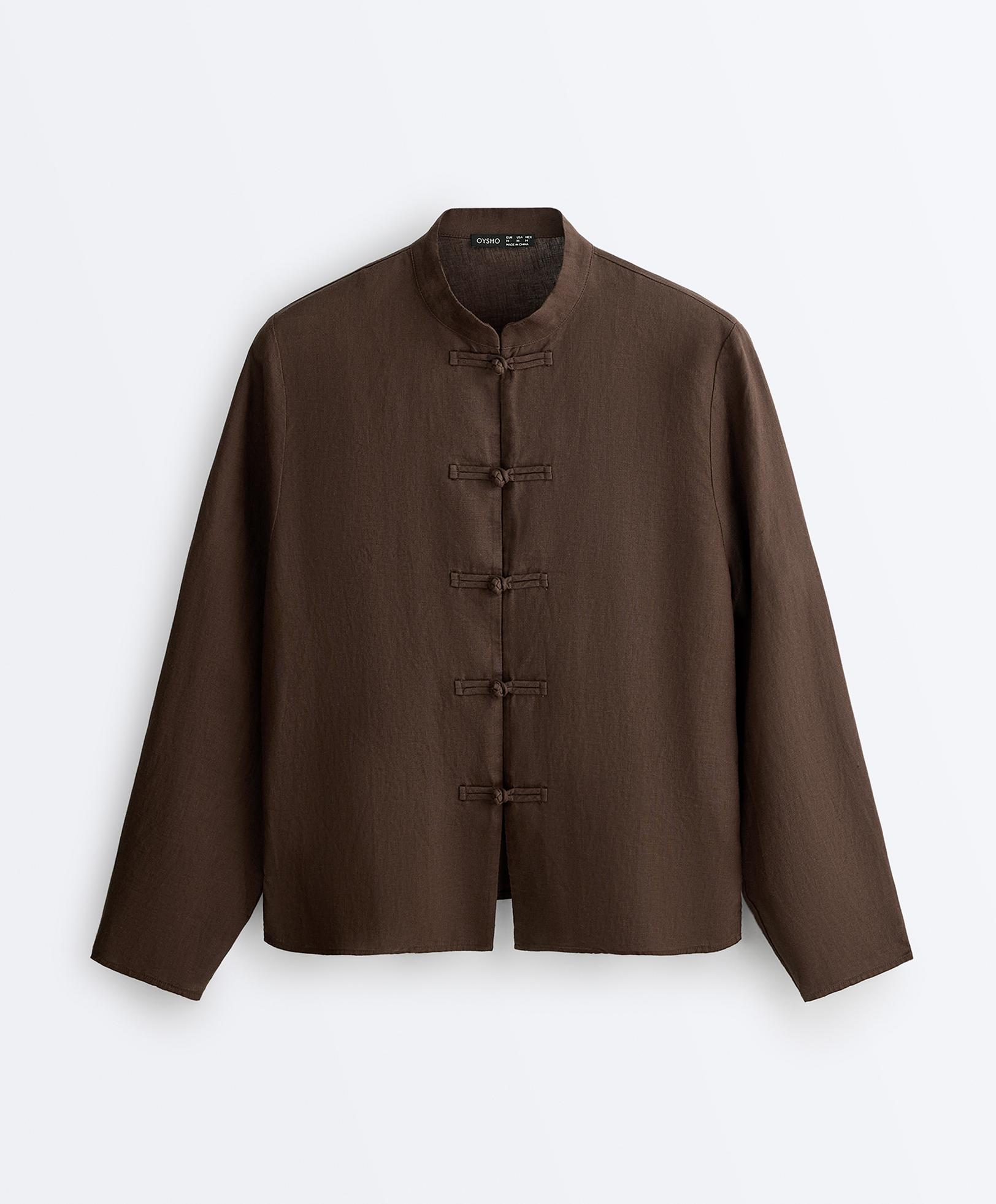 100% linen stand-up collar shirt — DARK BROWN