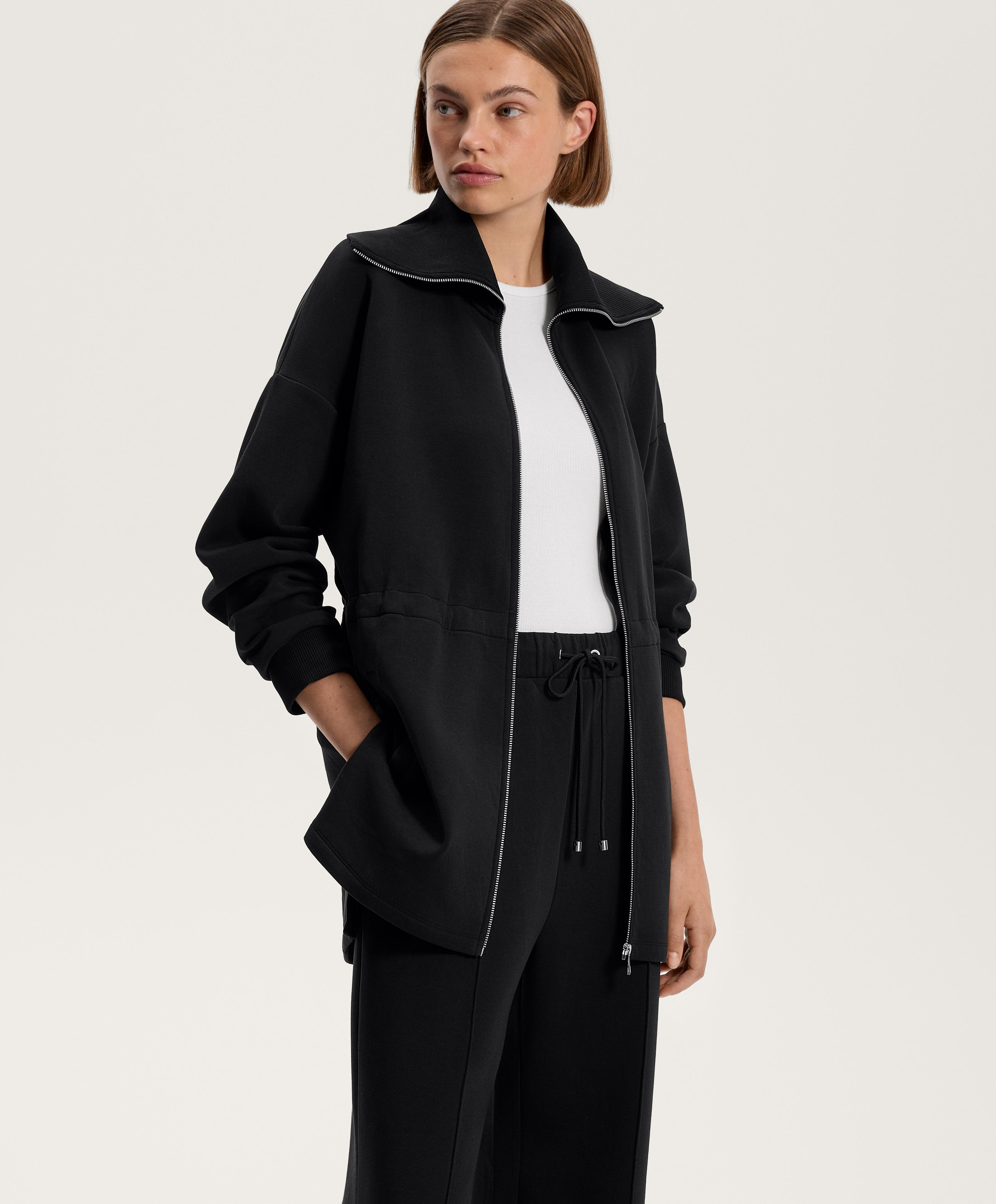 Long jacket with adjustable waist, rib collar in a cotton blend
