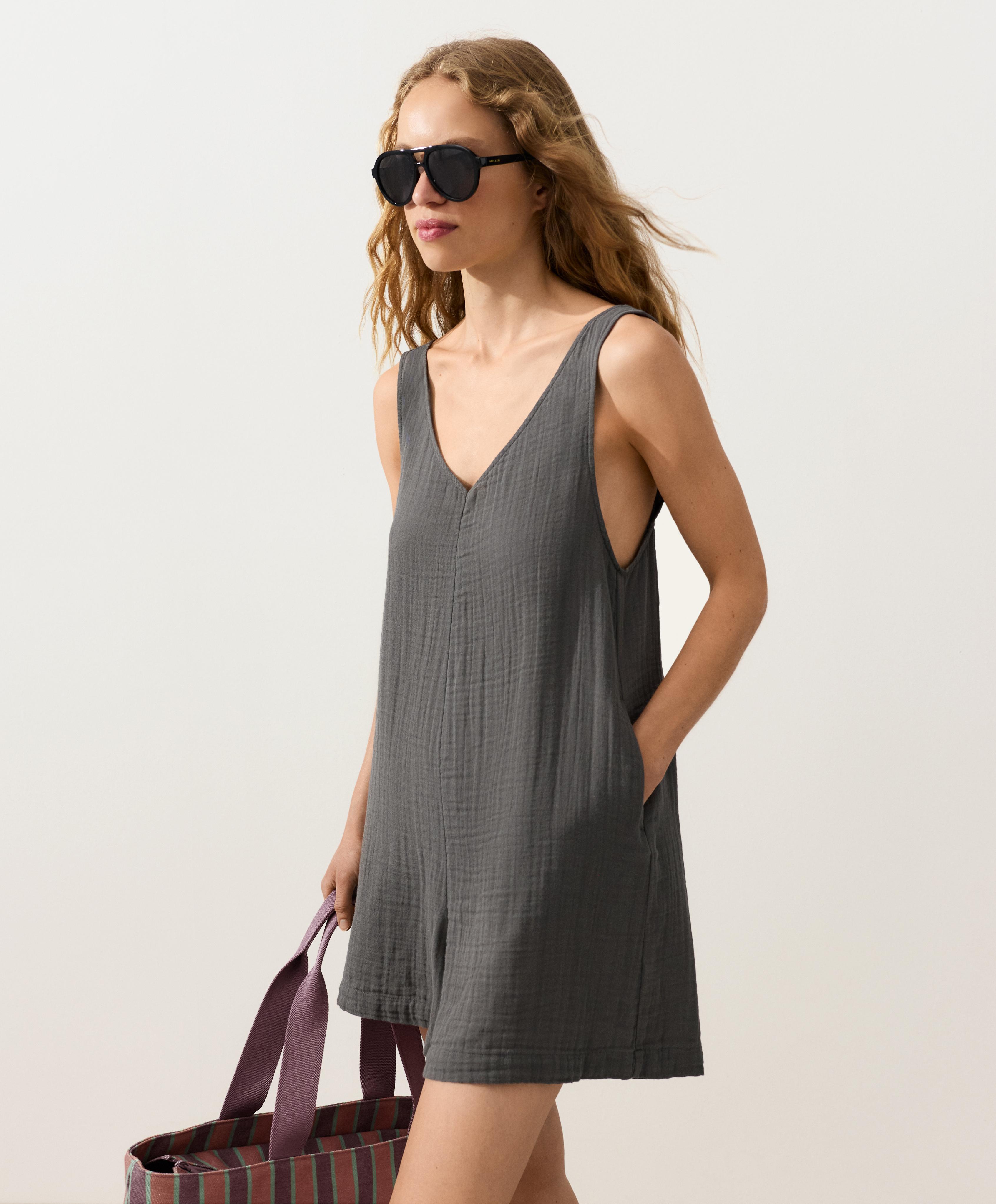 100% cotton gauze short jumpsuit — ASPHALT