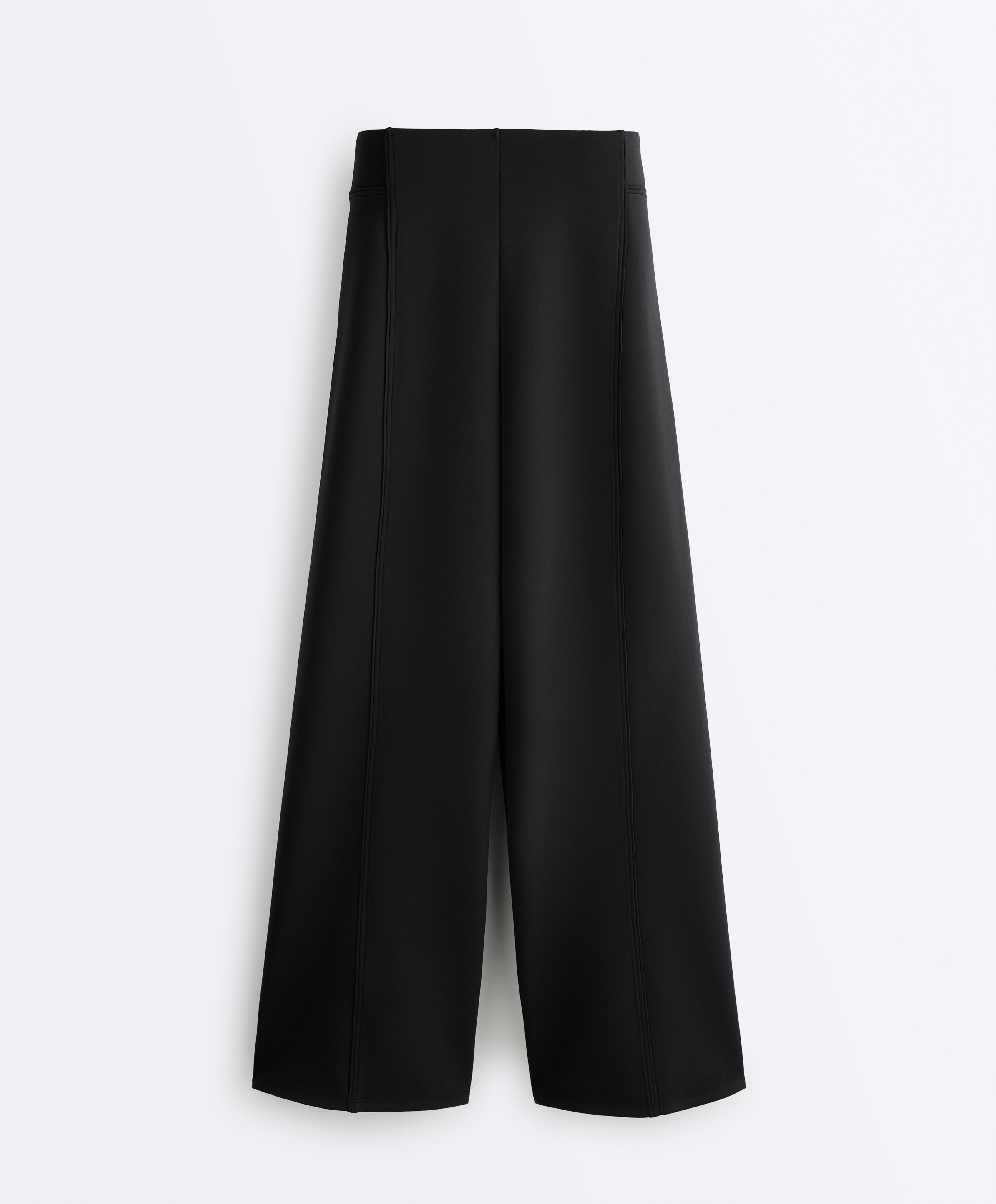 Neoprene effect high rise wide-leg trousers — BLACK