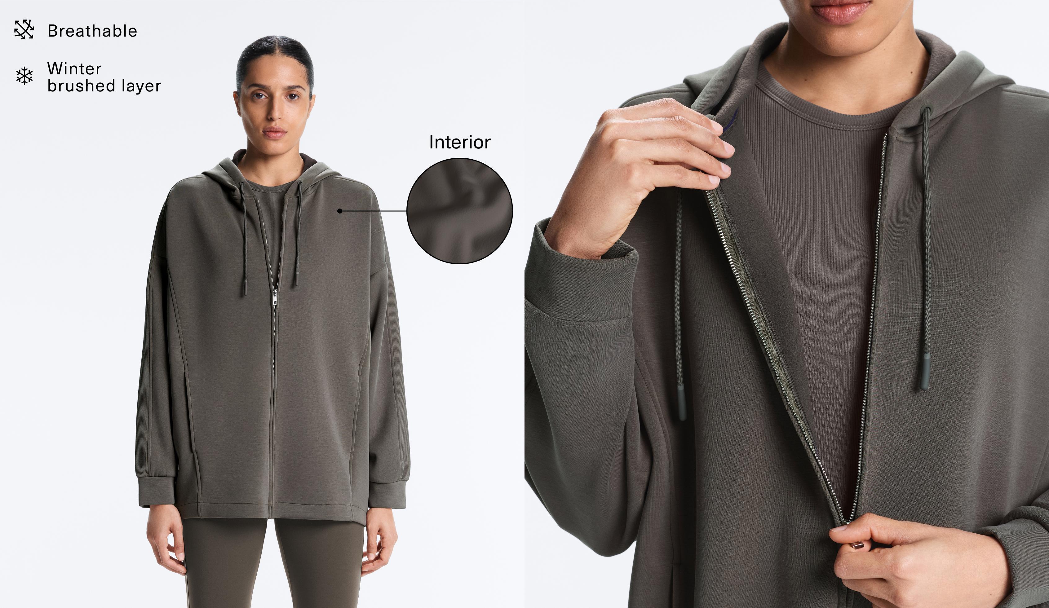 Long hooded jacket with rib details and brushed modal — CHARCOAL GREY