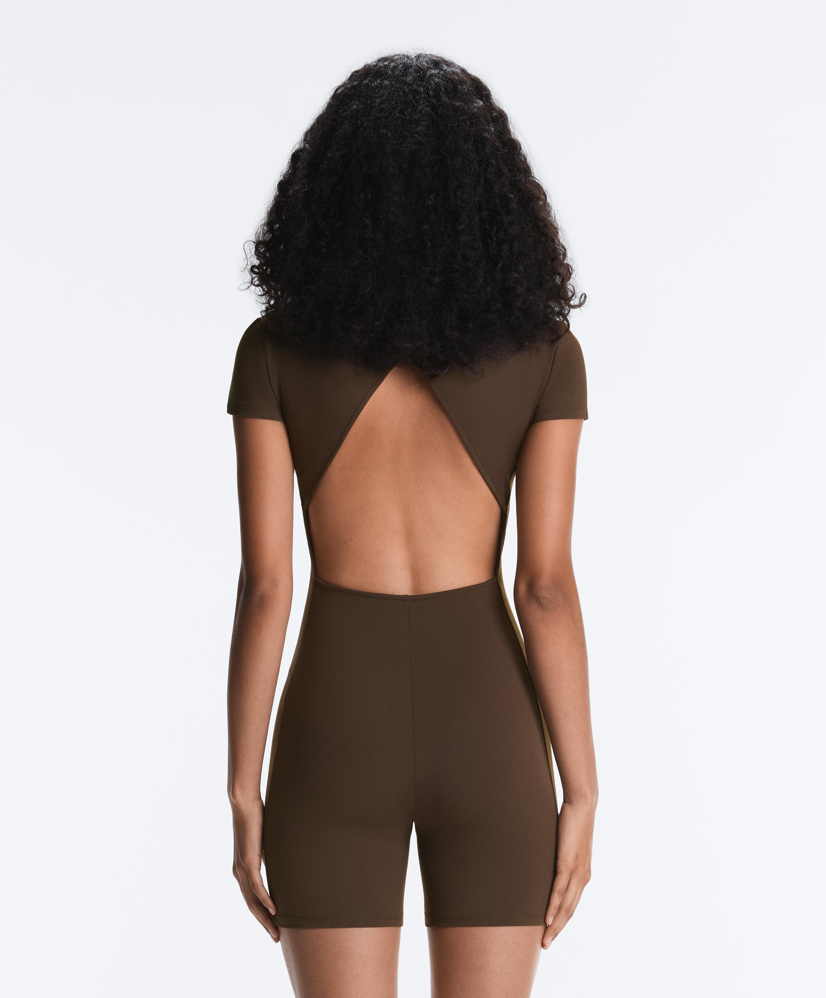 Comfortlux short zip jumpsuit — DARK BROWN