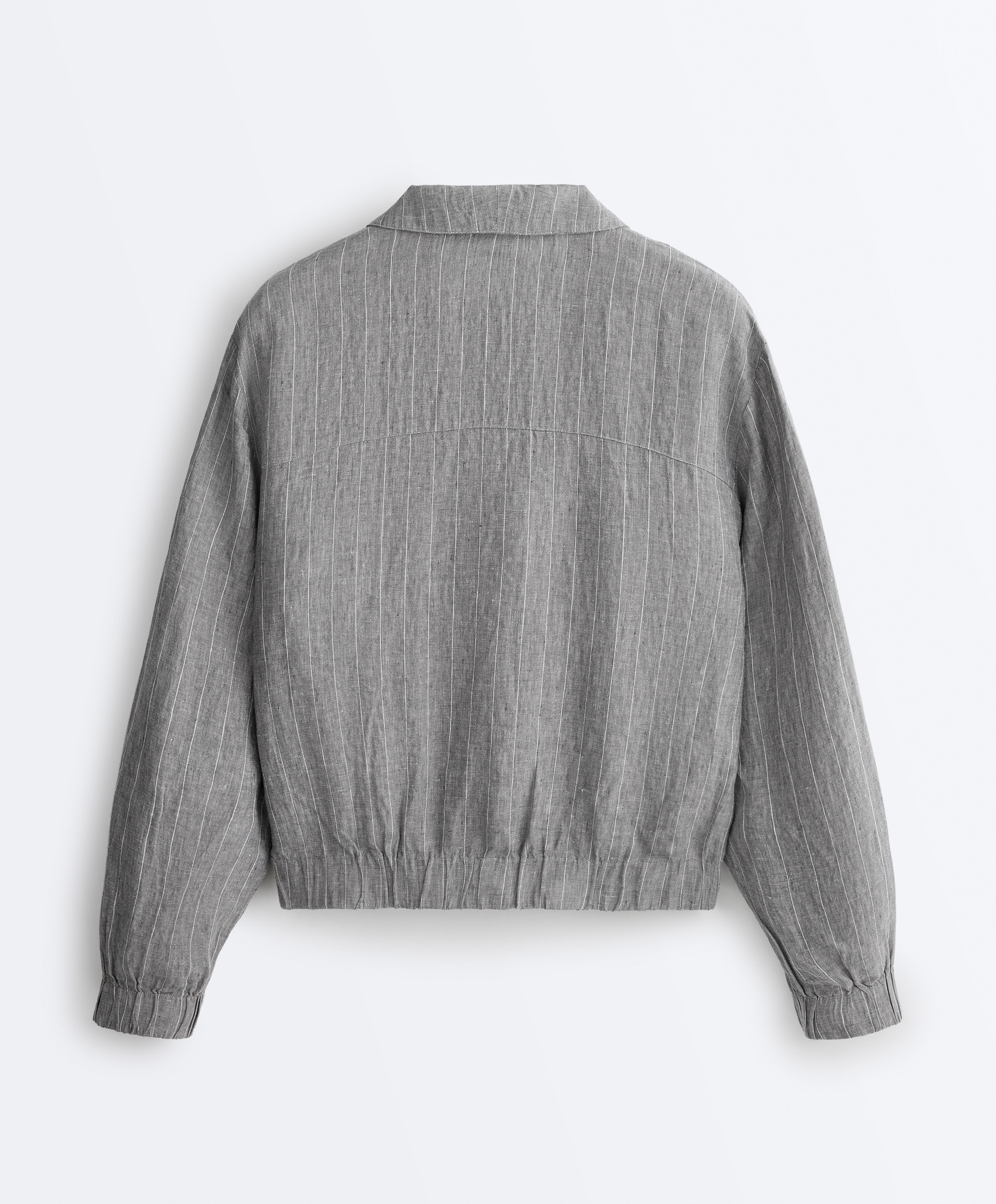 Pinstriped 100% linen high-neck jacket — MID GREY