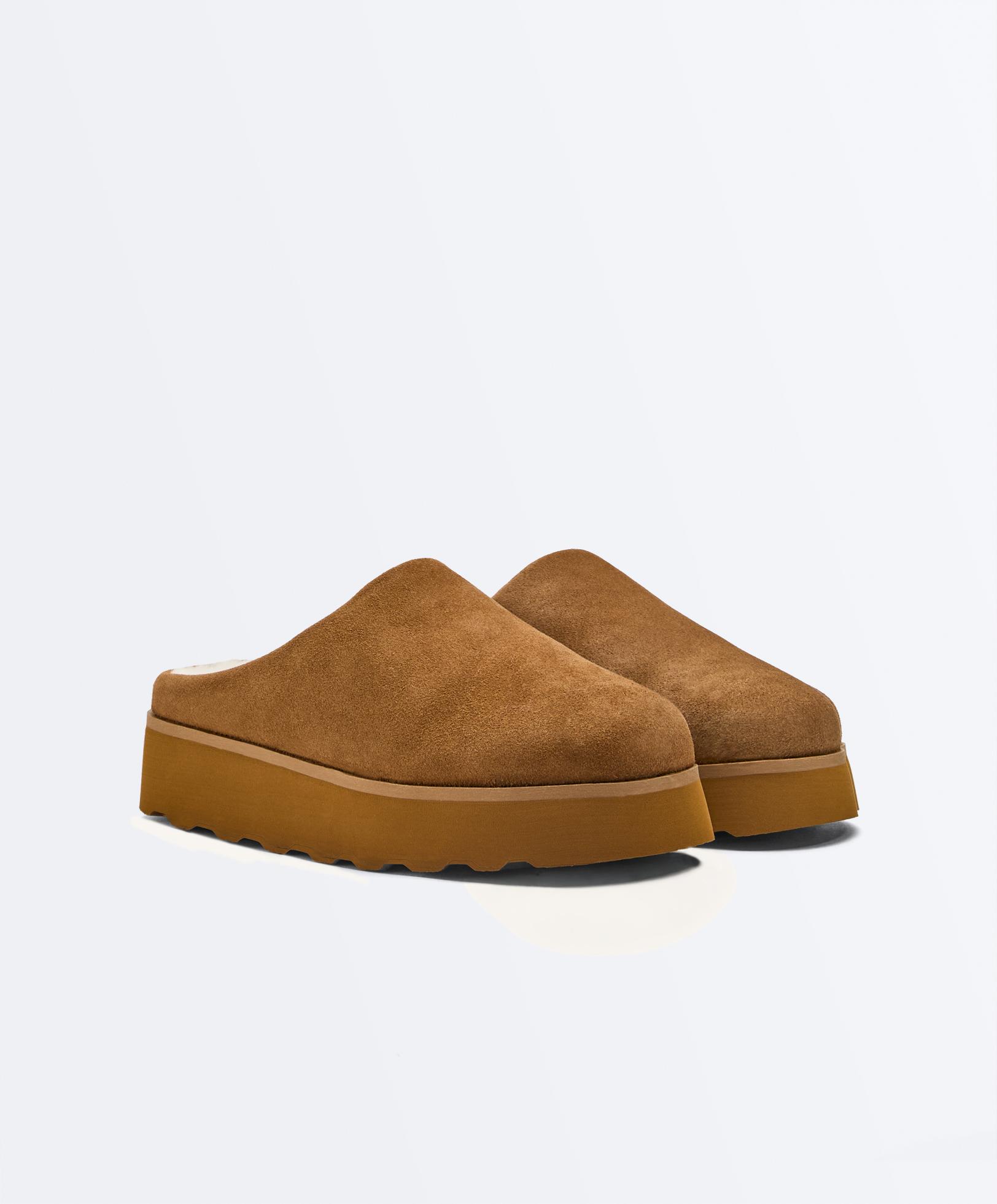 Faux-fur split-leather mules