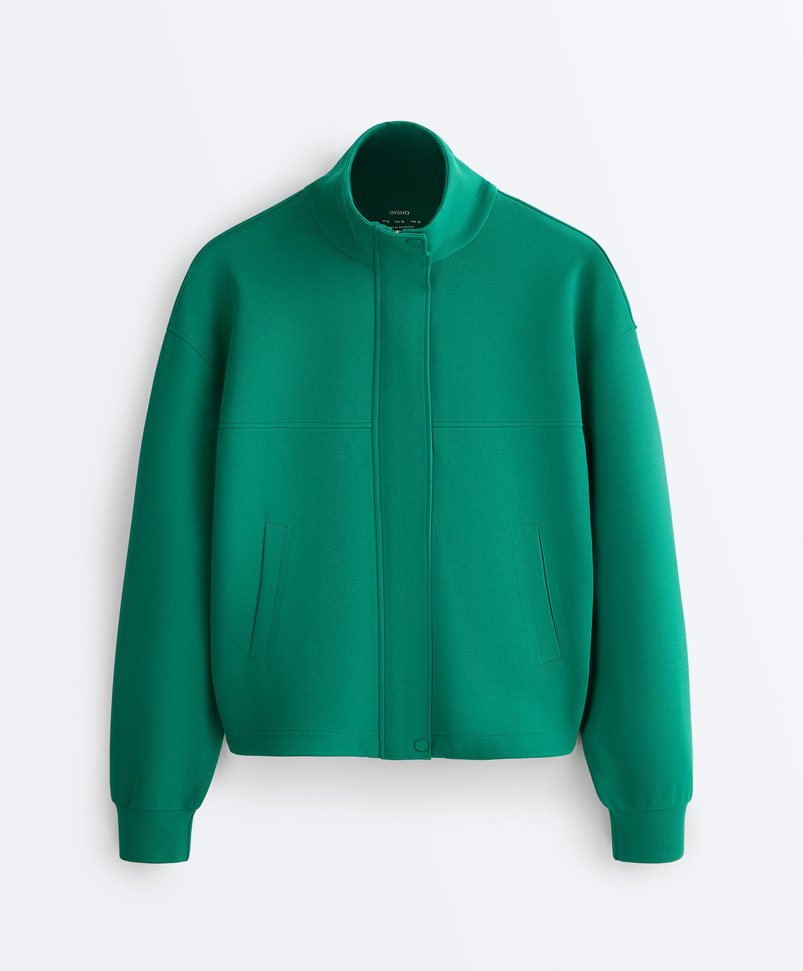 Cotton piqué jacket with raised neck — EMERALD GREEN