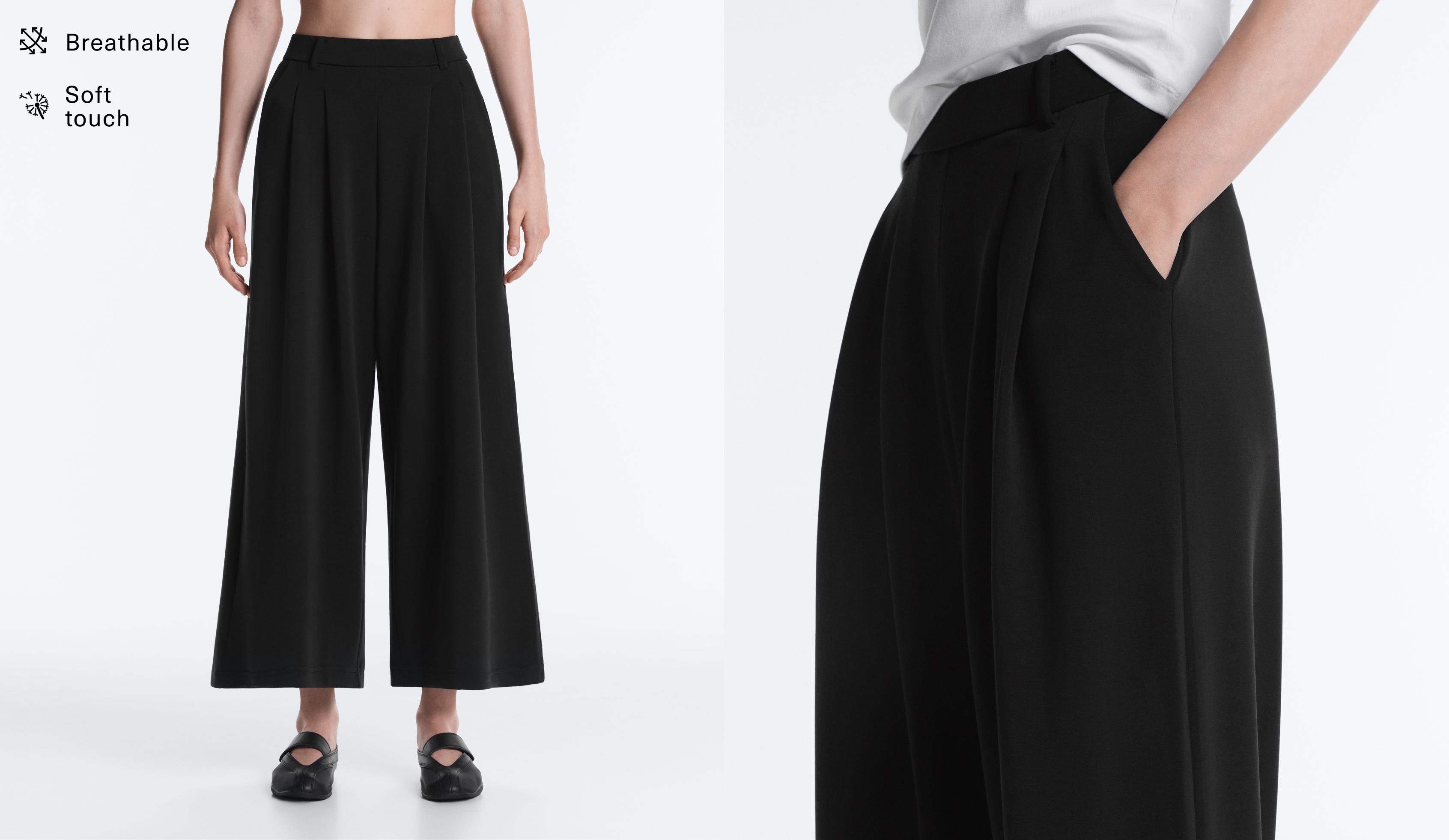 Soft-touch wide-leg crop trousers with modal and pleats — BLACK