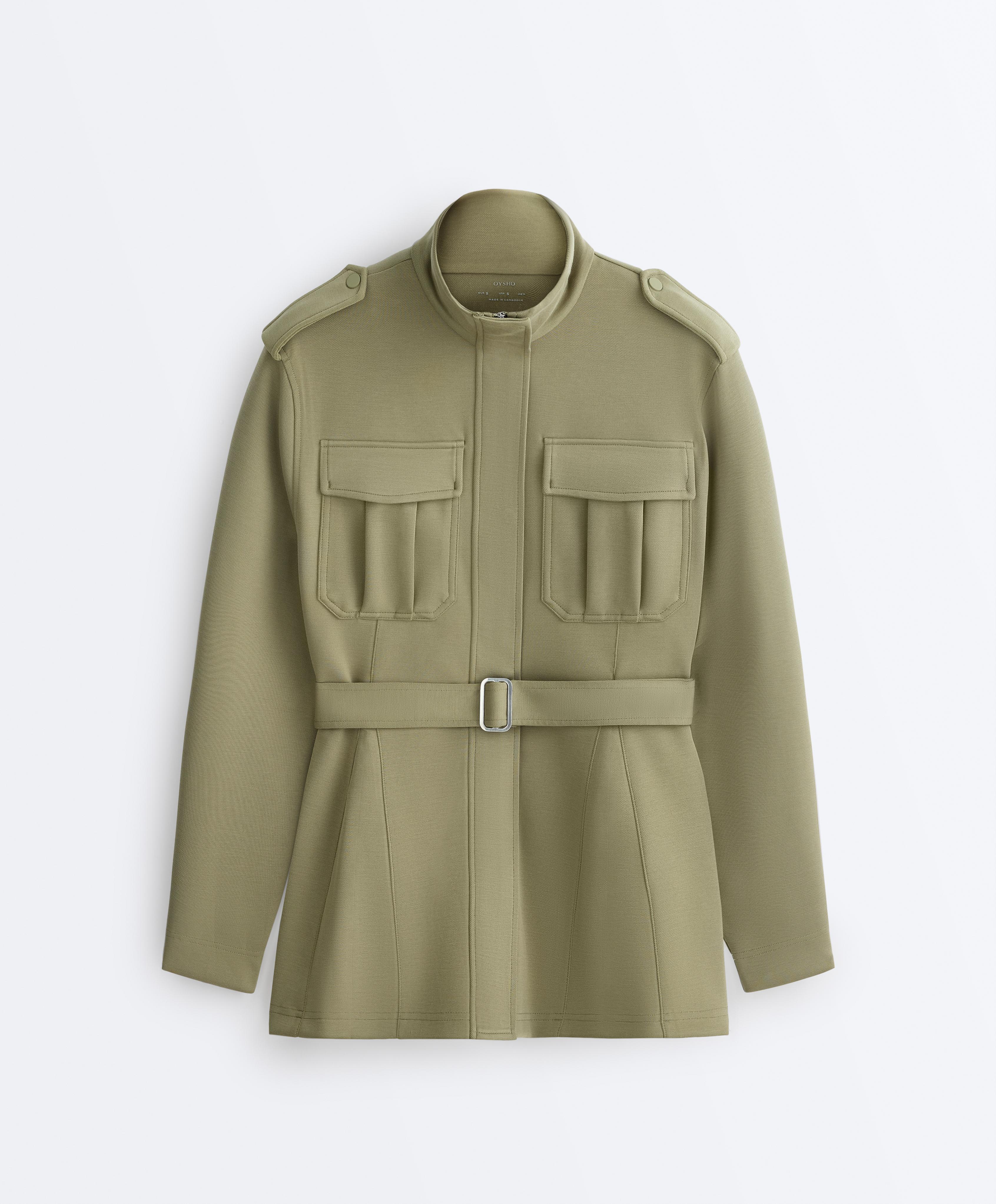 Long utility pique jacket with belt — YELLOW GREEN