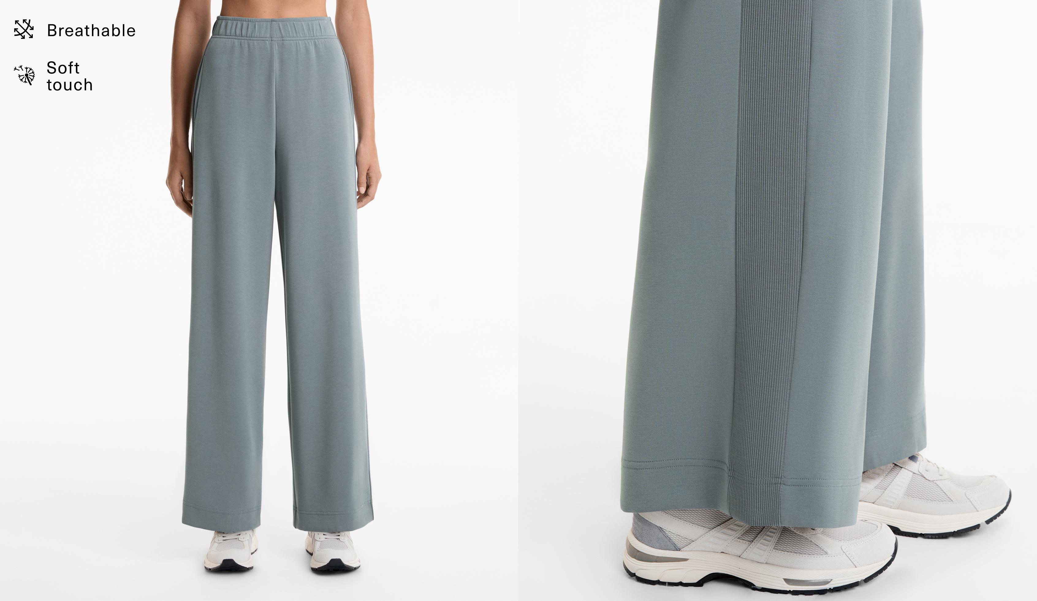 Wide-leg straight trousers with rib details and soft-touch modal