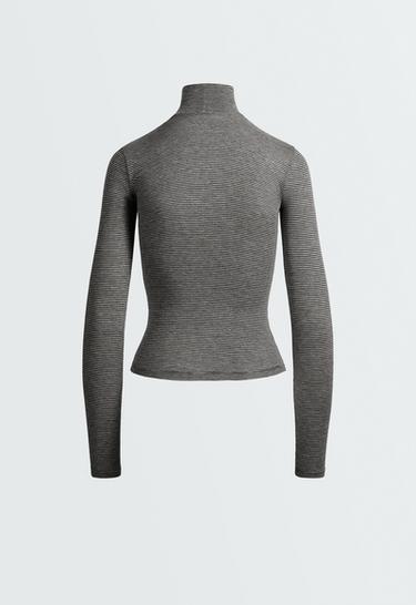 Base layer high-neck striped rib t-shirt — BLACK 7